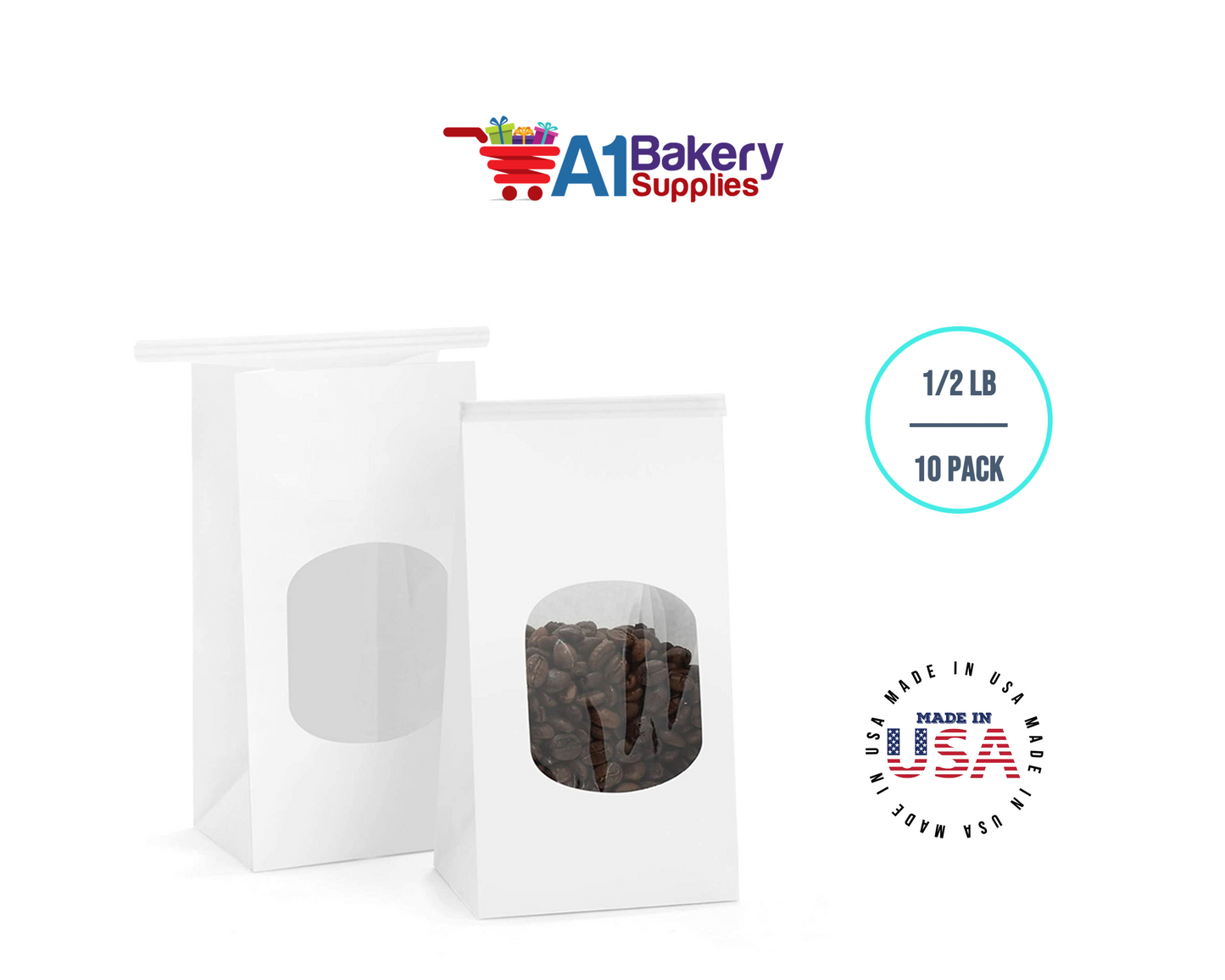 1/2 LB White Poly-Lined Reclosable Tin Tie Bags Window - 10 Pack
