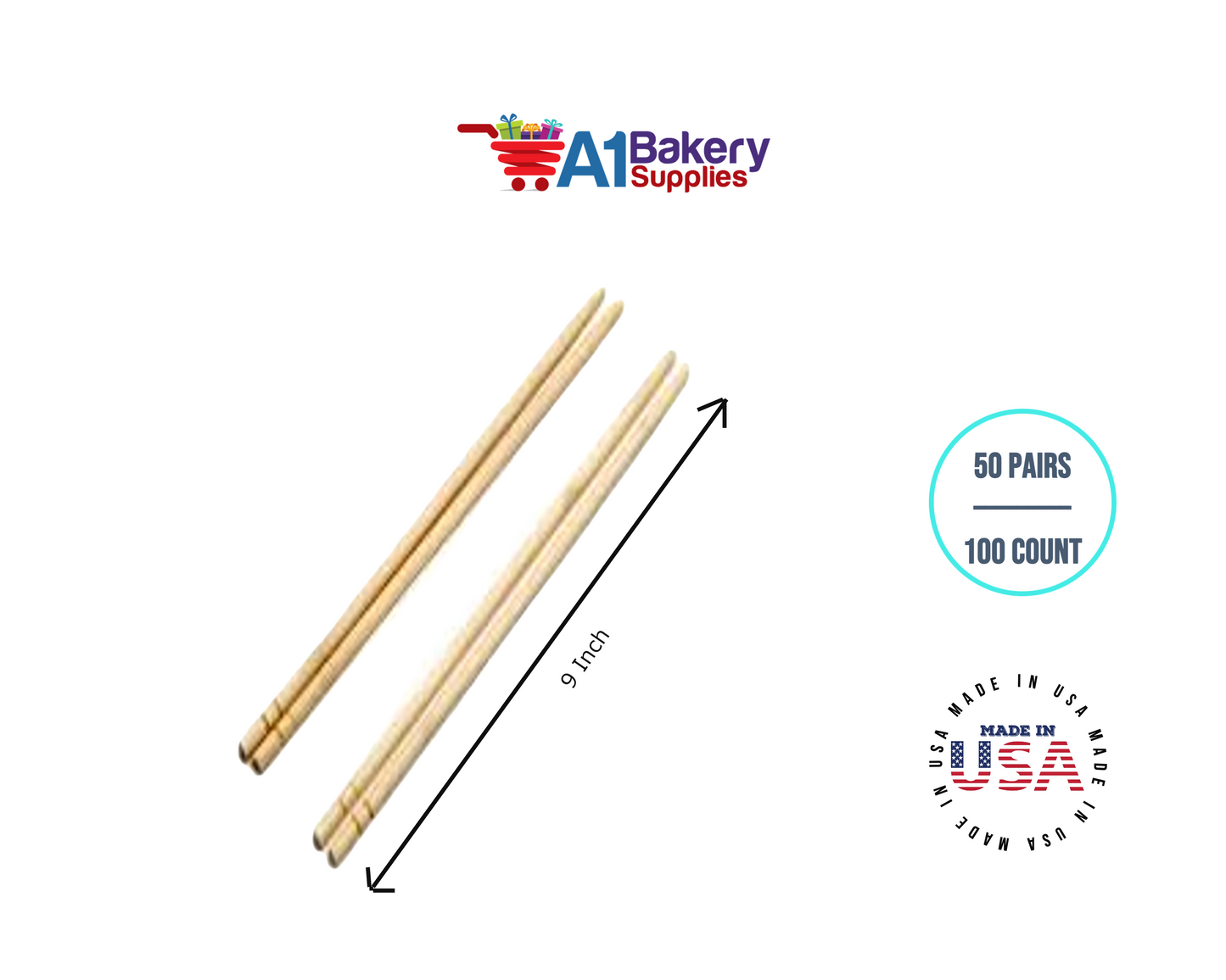Natural bamboo wood chopsticks 50 pairs/100 count in 9 Inch by A1 Bakery Supplies