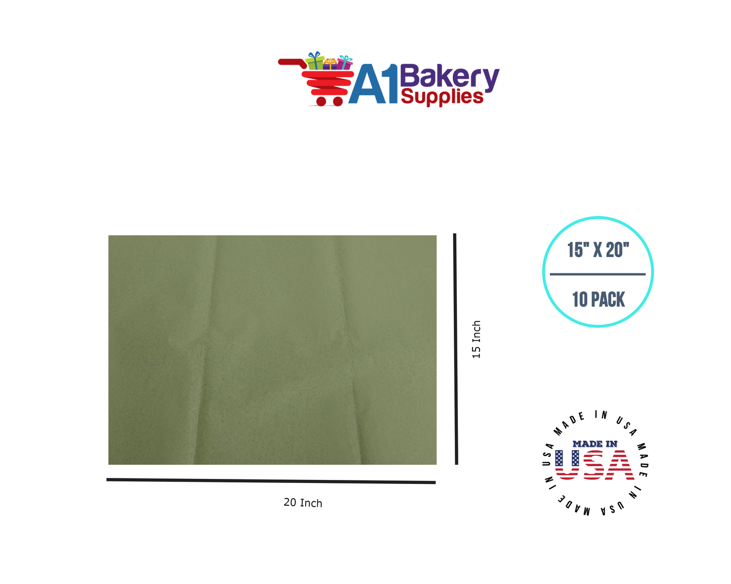 Sage Tissue Paper Squares, Bulk 10 Sheets, Premium Gift Wrap and Art Supplies for Birthdays, Holidays, or Presents by A1BakerySupplies, Small 15 Inch x 20 Inch
