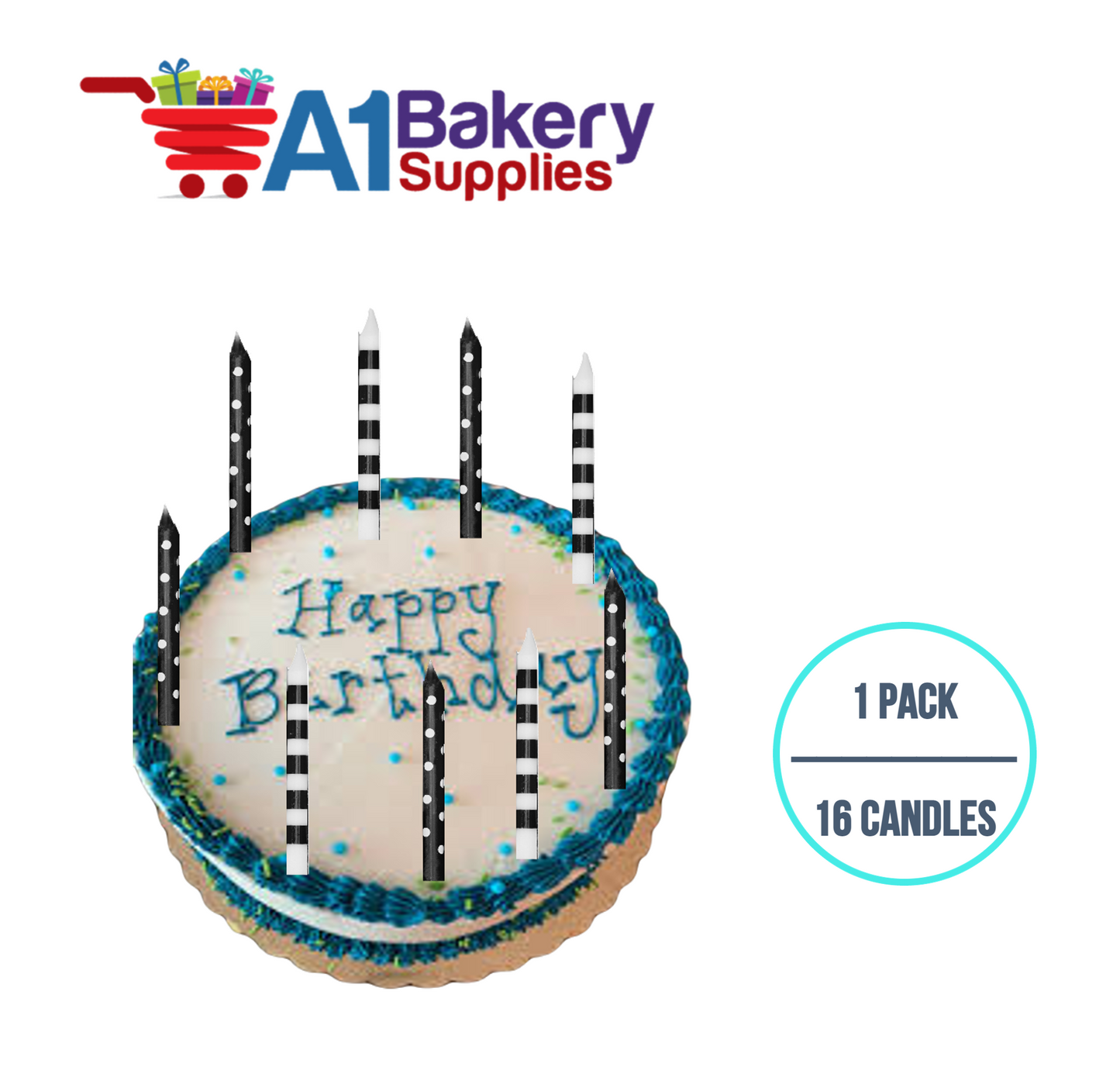 A1BakerySupplies Black And White Stripes And Dots Candles 1 pack for Birthday Cake Decorations and Anniversary