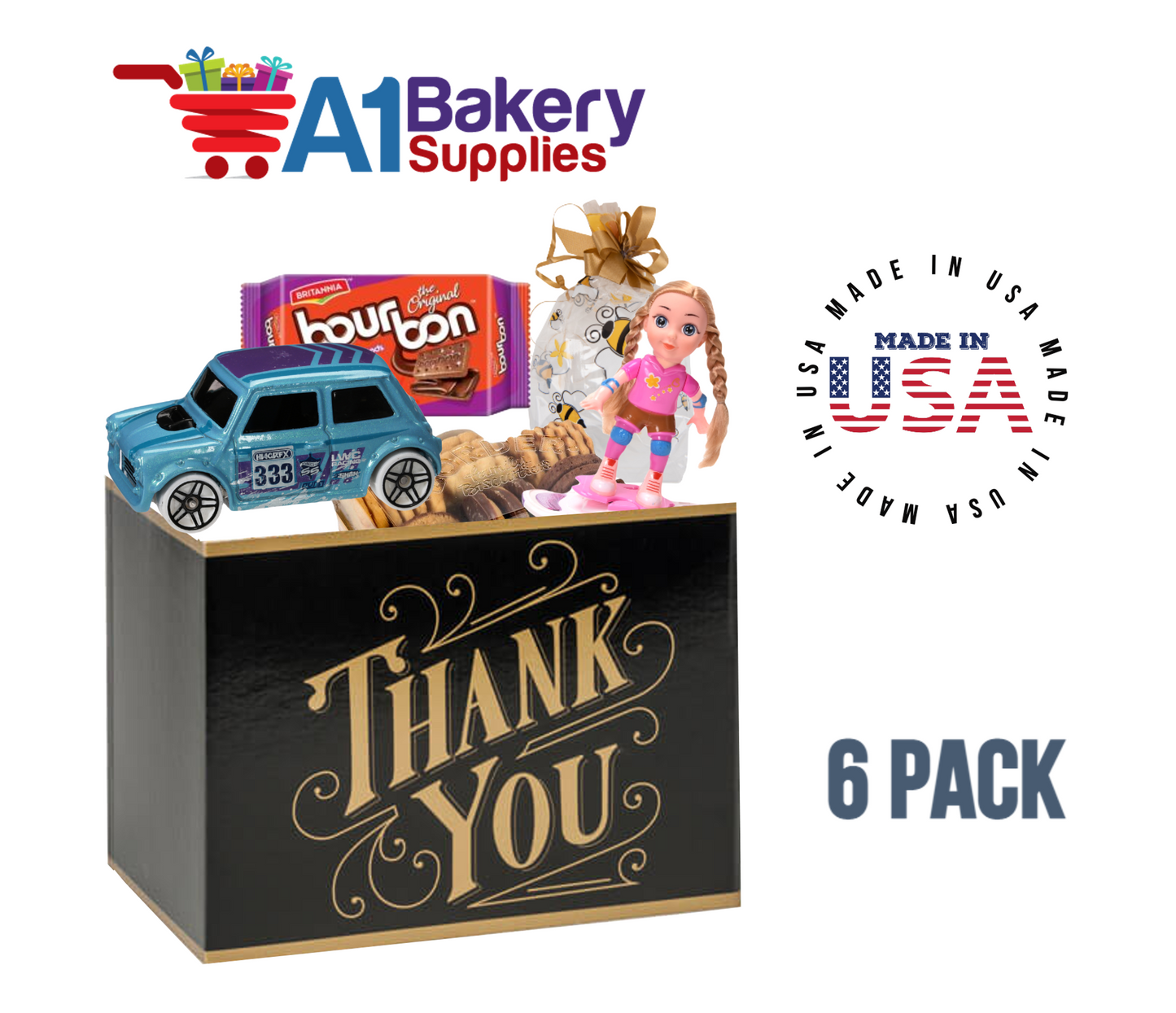 Black & Gold Thanks Basket Box, Theme Gift Box, Large 10.25 (Length) x 6 (Width) x 7.5 (Height), 6 Pack