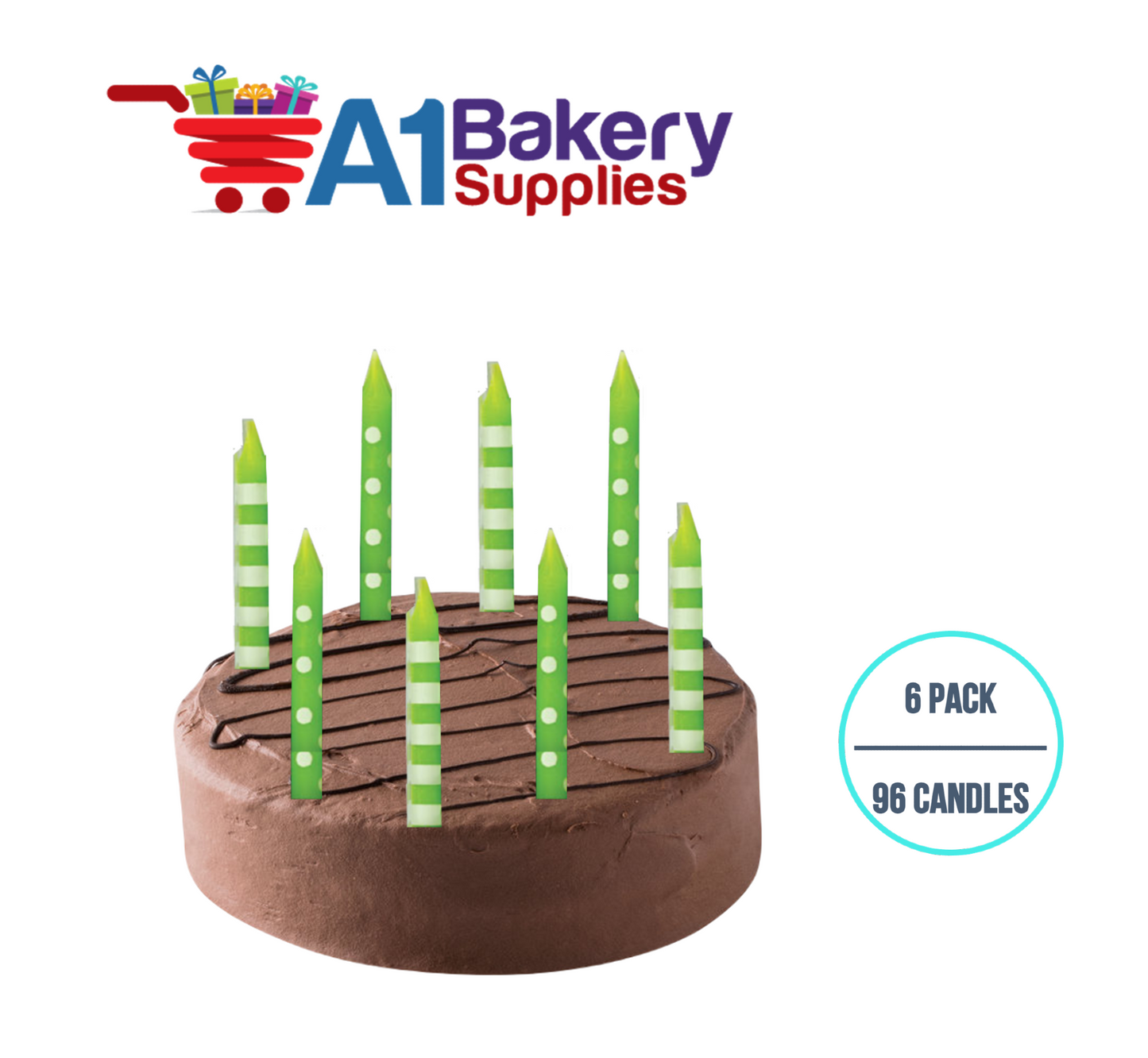 A1BakerySupplies Green Stripes And Dots Candles 6 pack for Birthday Cake Decorations and Anniversary