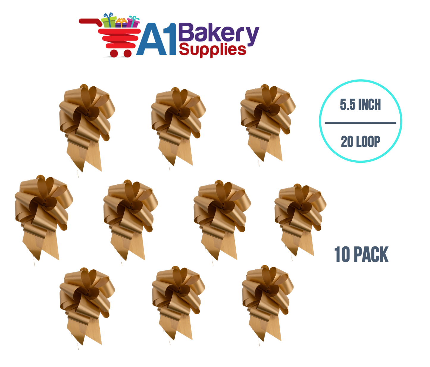 A1BakerySupplies 10 Pieces Pull Bow for Gift Wrapping Gift Bows Pull Bow With Ribbon for Wedding Gift Baskets, 5.5 Inch 20 Loop in Gold Color