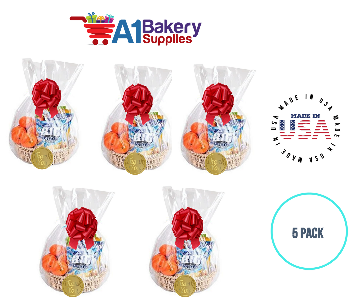 BOPP Sealable Cellophane Bags and Clear Gift Basket Wrap Packaging, 18 in x 30 in, Clear Cello Wrapping for Baby Shower, Wedding Party, or Event Giveaways, 5 Pack