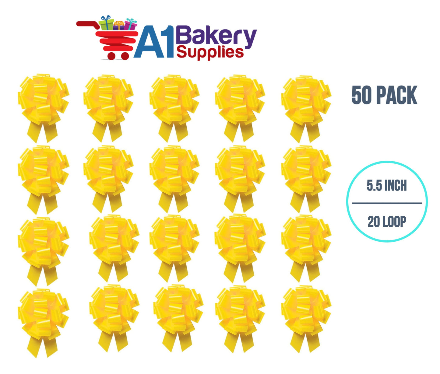 A1BakerySupplies 50 Pieces Pull Bow for Gift Wrapping Gift Bows Pull Bow With Ribbon for Wedding Gift Baskets, 5.5 Inch 20 Loop in Yellow Color