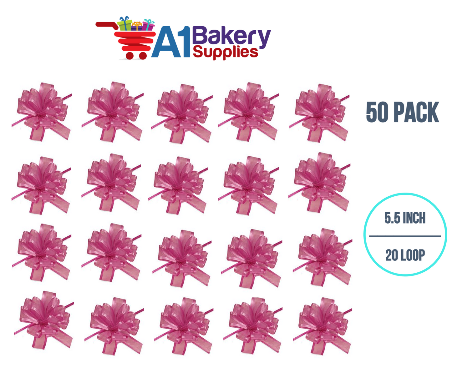 A1BakerySupplies 50 Pieces Pull Bow for Gift Wrapping Gift Bows Pull Bow With Ribbon for Wedding Gift Baskets, 5.5 Inch 20 Loop in Hot Pink Color