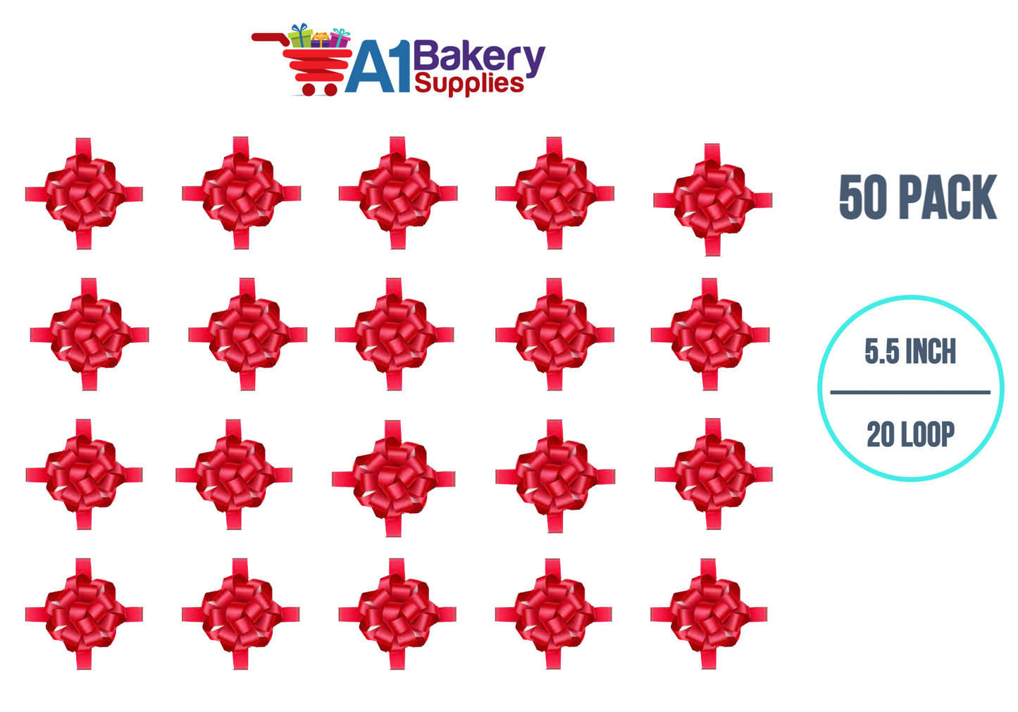 A1BakerySupplies 50 Pieces Pull Bow for Gift Wrapping Gift Bows Pull Bow With Ribbon for Wedding Gift Baskets, 5.5 Inch 20 Loop in Scarlet Red Color