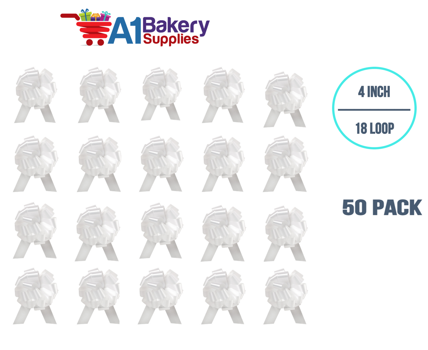 A1BakerySupplies 50 Pieces Pull Bow for Gift Wrapping Gift Bows Pull Bow With Ribbon for Wedding Gift Baskets, 4 Inch 18 Loop White Flora Satin Color