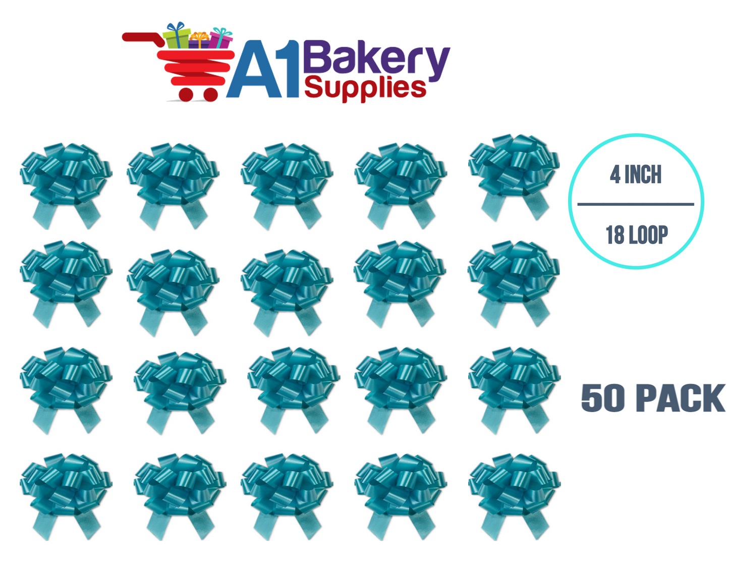 A1BakerySupplies 50 Pieces Pull Bow for Gift Wrapping Gift Bows Pull Bow With Ribbon for Wedding Gift Baskets, 4 Inch 18 Loop Turquoise Flora Satin Color