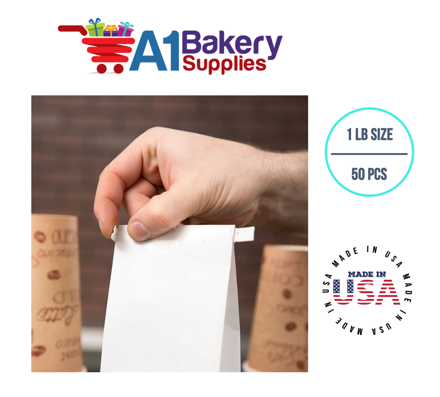 1 LB Size White No Window Tin Tie Bags 50 PCS White Bakery Bags with No Window Resealable Tin Tie Tab Lock Poly-Lined Bags White Paper Bags for Cookies, Coffee