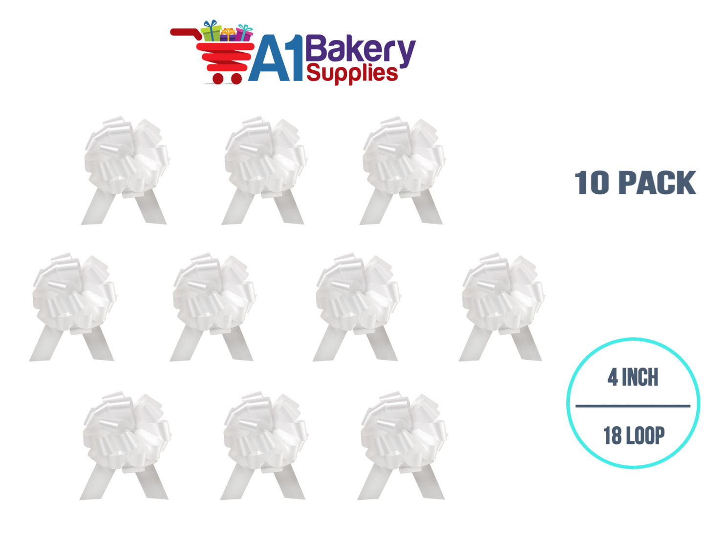 A1BakerySupplies 10 Pieces Pull Bow for Gift Wrapping Gift Bows Pull Bow With Ribbon for Wedding Gift Baskets, 4 Inch 18 Loop White Flora Satin Color