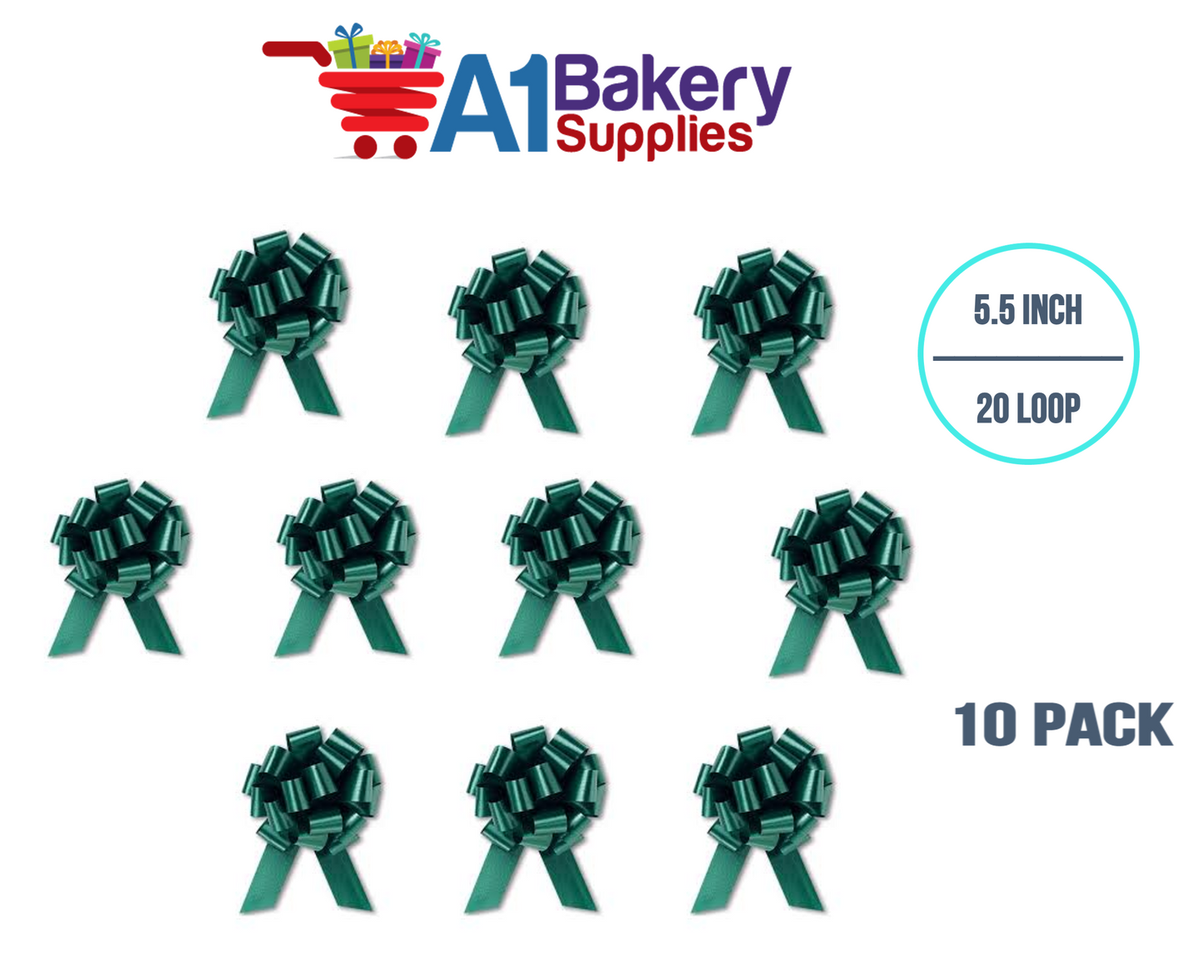 A1BakerySupplies 10 Pieces Pull Bow for Gift Wrapping Gift Bows Pull Bow With Ribbon for Wedding Gift Baskets, 5.5 Inch 20 Loop in Hunter Green Color