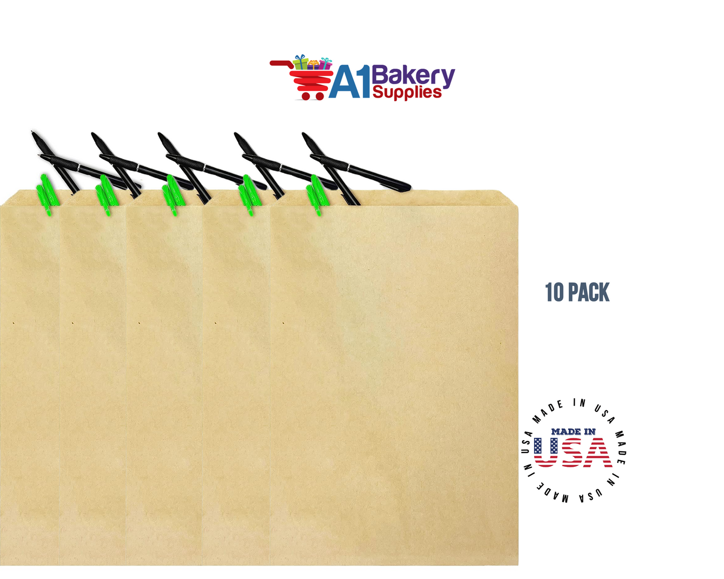 Kraft Brown Flat Paper Merchandise Bags 10 pack by A1 bakery supplies (10x13)