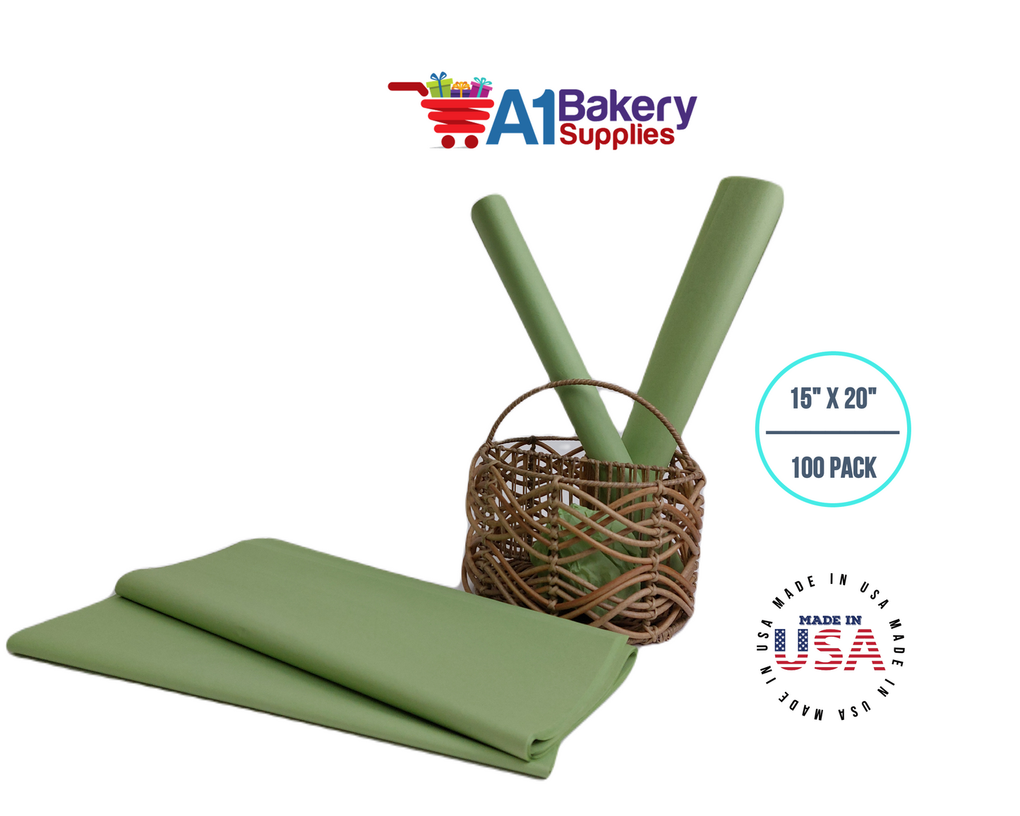 Sage  Tissue Paper Squares, Bulk 100 Sheets, Premium Gift Wrap and Art Supplies for Birthdays, Holidays, or Presents by A1BakerySupplies, Medium 15 Inch x 20 Inch