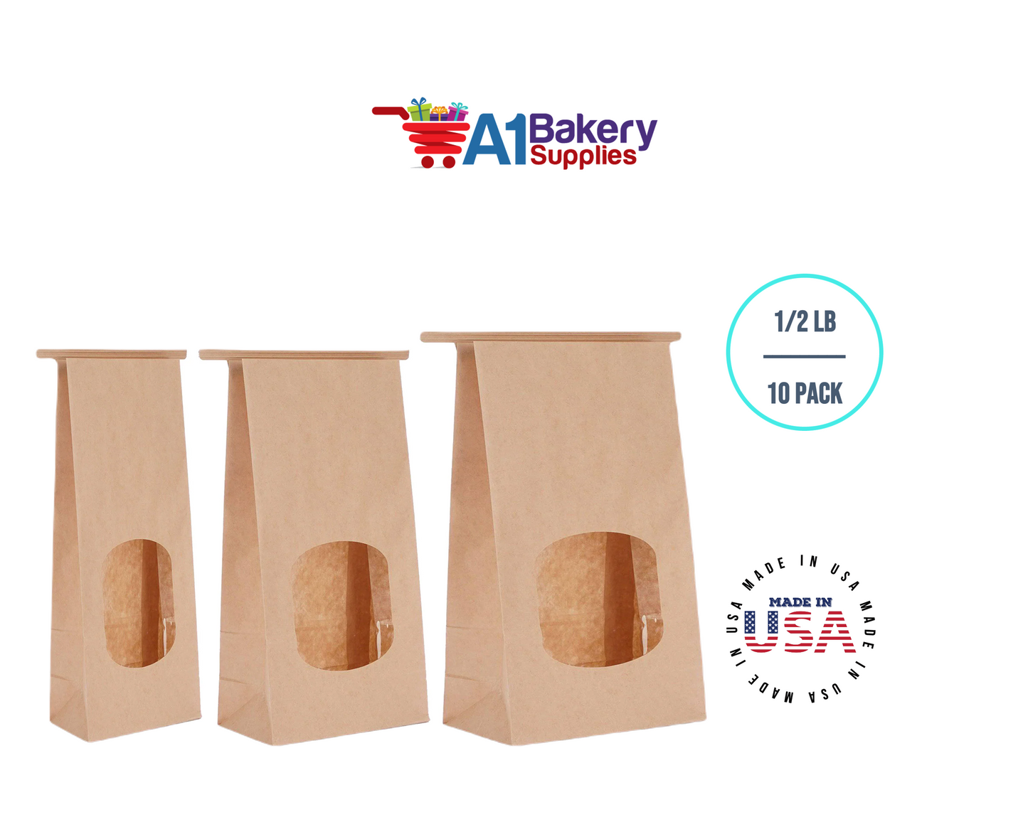 1/2 LB Kraft Poly-Lined Reclosable Tin Tie Bags Window - 10 Pack