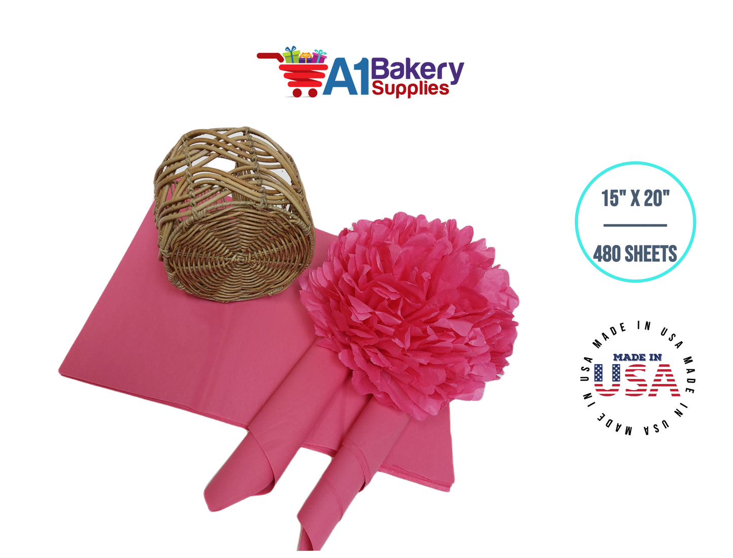 Azalea Pink High Quality Gift Wrap Color Tissue Paper - Made in USA 15 Inch x 20 Inch - 480 Sheets per Pack