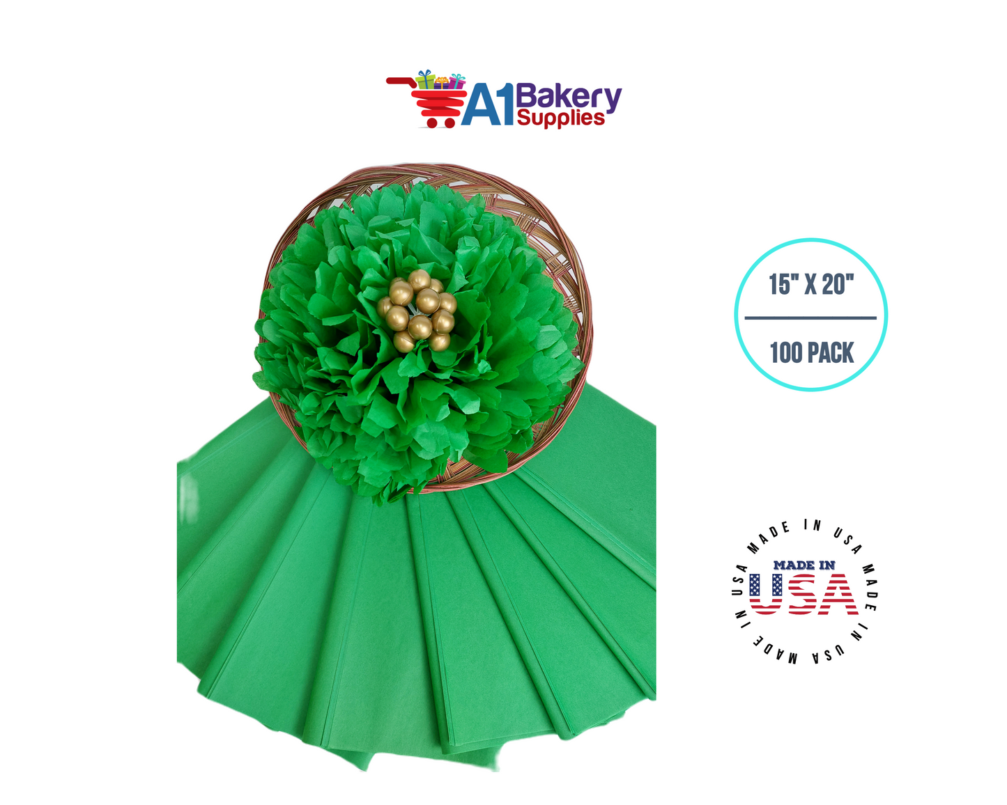 Kelly Green Tissue Paper Squares, Bulk 100 Sheets, Premium Gift Wrap and Art Supplies for Birthdays, Holidays, or Presents by A1BakerySupplies, Large 15 Inch x 20 Inch