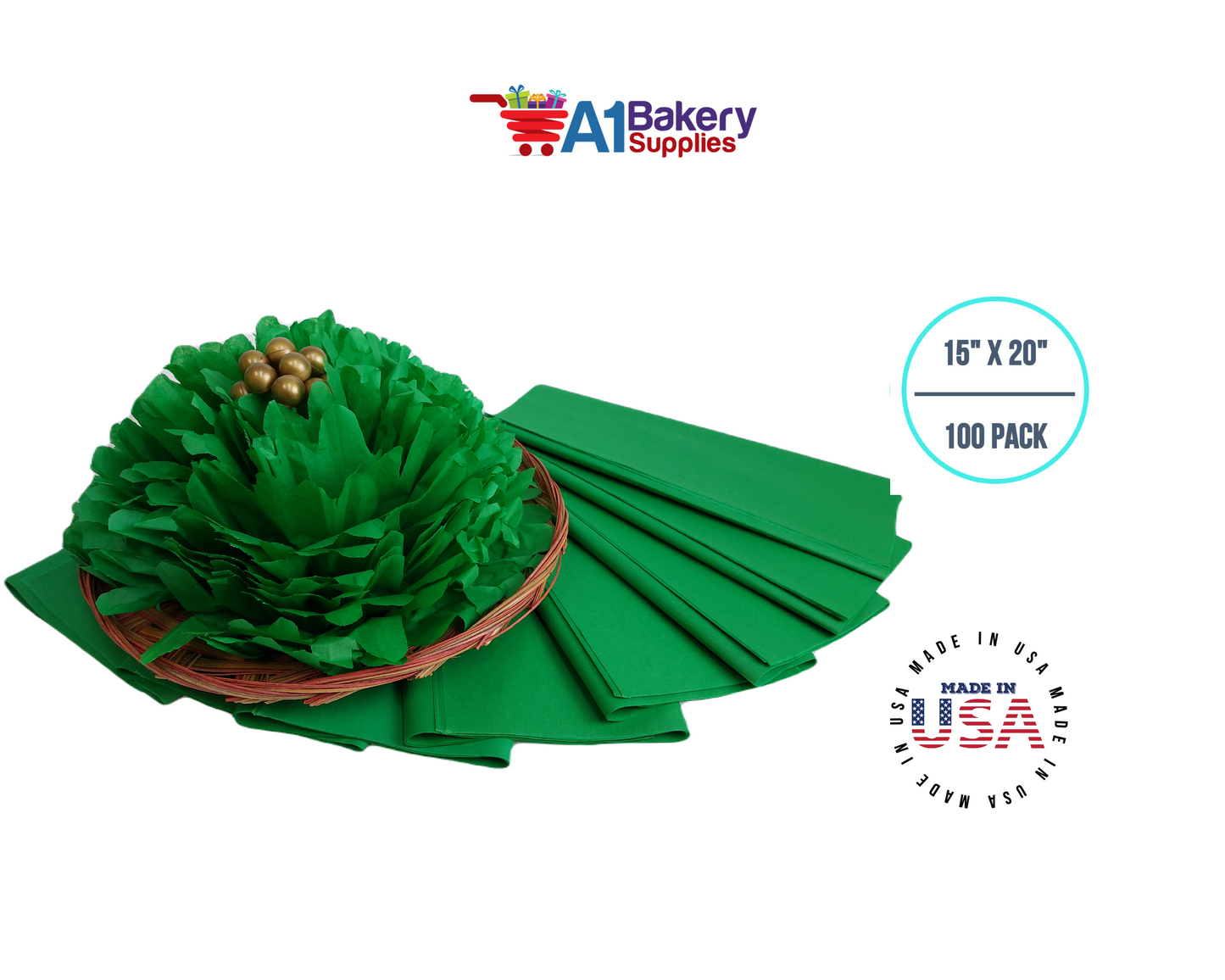 Kelly Green Tissue Paper Squares, Bulk 100 Sheets, Premium Gift Wrap and Art Supplies for Birthdays, Holidays, or Presents by A1BakerySupplies, Large 15 Inch x 20 Inch