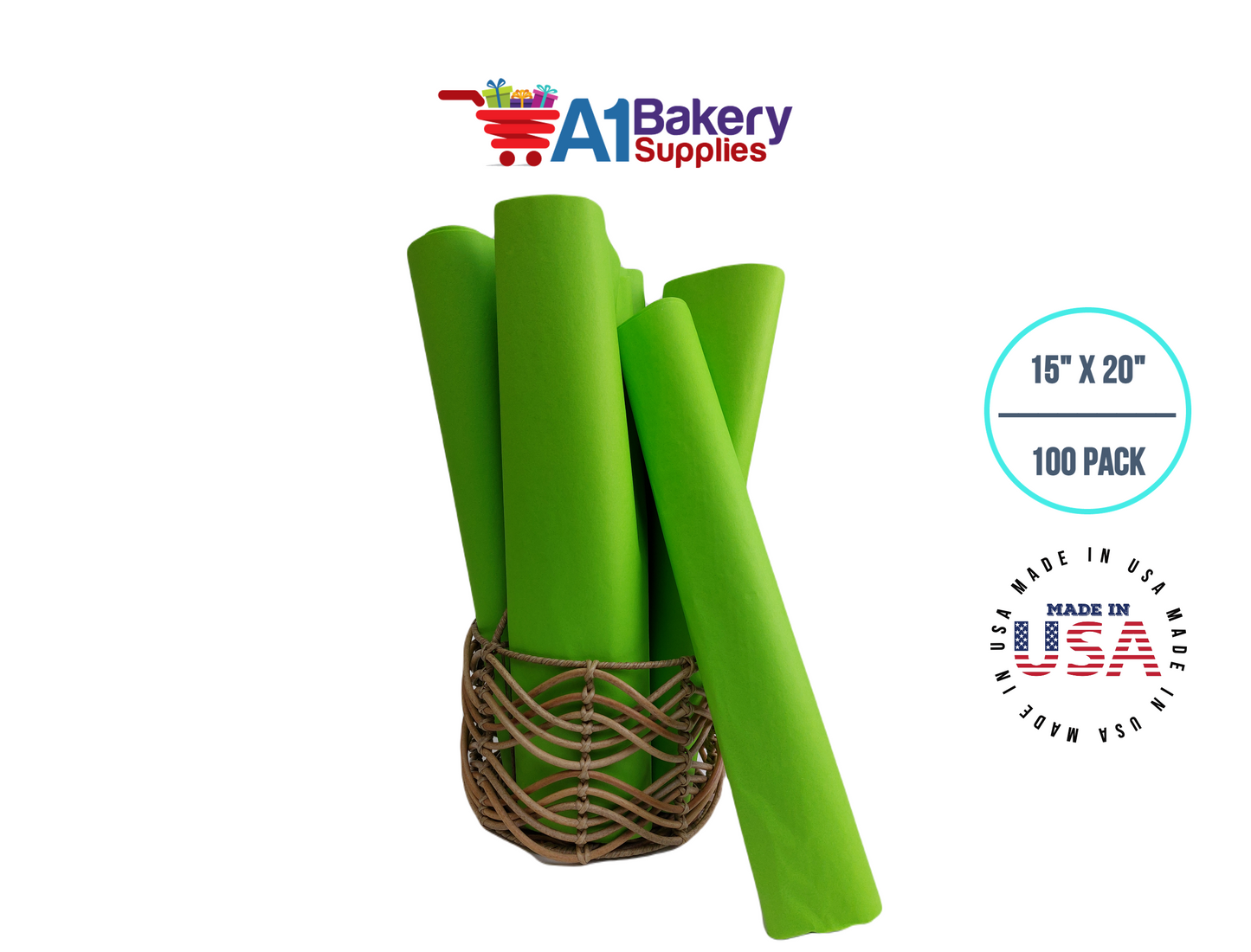 Bright Lime Tissue Paper Squares, Bulk 100 Sheets, Premium Gift Wrap and Art Supplies for Birthdays, Holidays, or Presents by A1BakerySupplies, Medium 15 Inch x 20 Inch