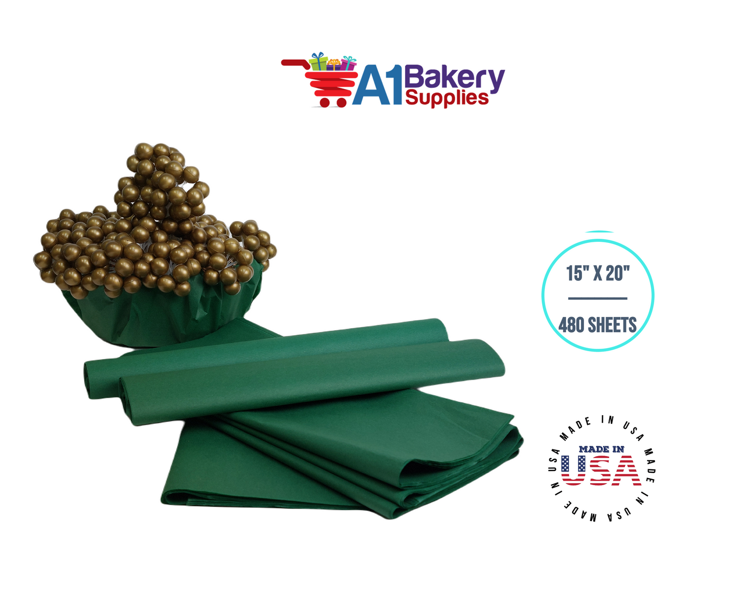 Holiday Green Tissue Paper Squares, Bulk 480 Sheets, Premium Gift Wrap and Art Supplies for Birthdays, Holidays, or Presents by A1BakerySupplies, Large 15 Inch x 20 Inch