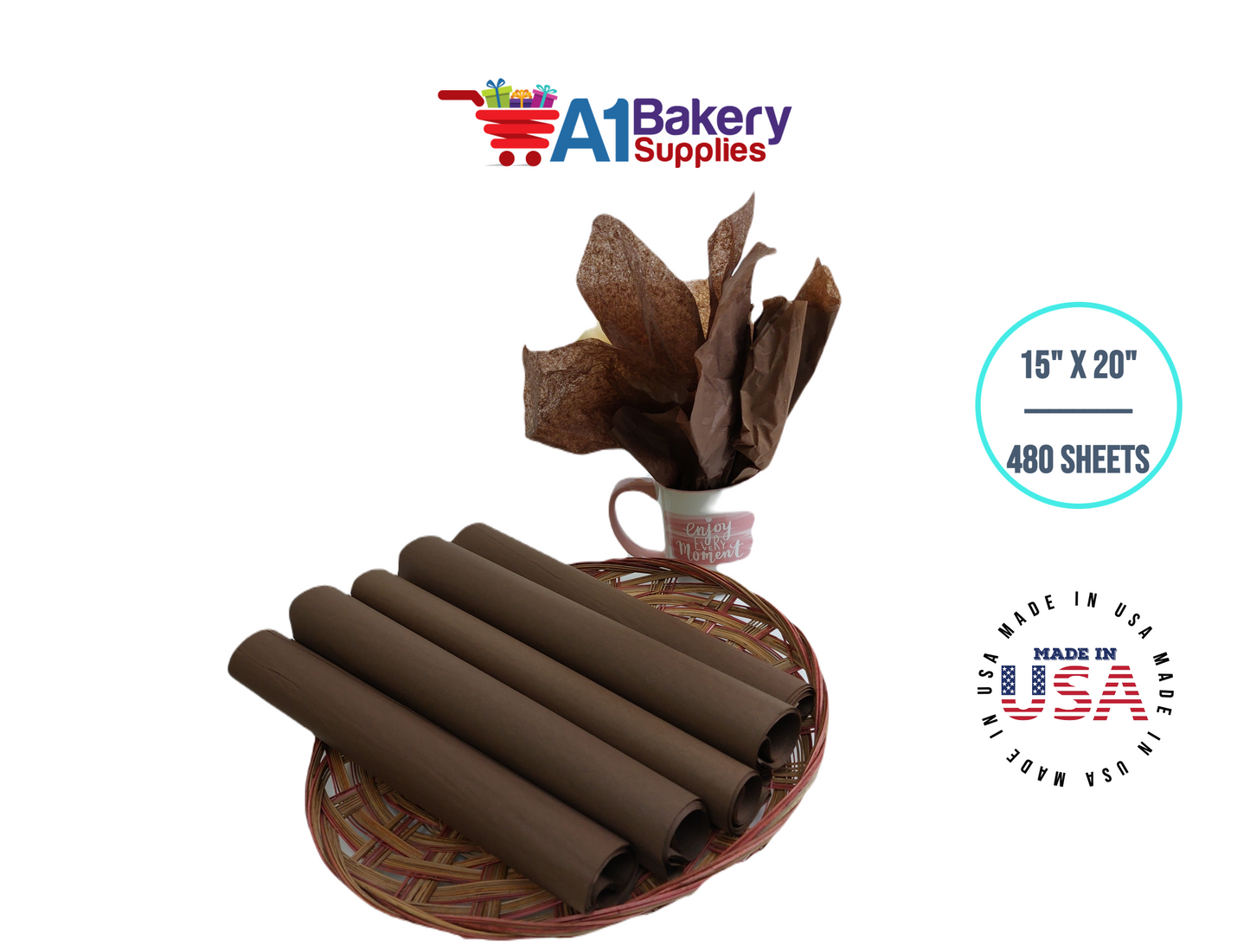 Chocolate Tissue Paper Squares, Bulk 480 Sheets, Premium Gift Wrap and Art Supplies for Birthdays, Holidays, or Presents by A1BakerySupplies, Large 15 Inch x 20 Inch