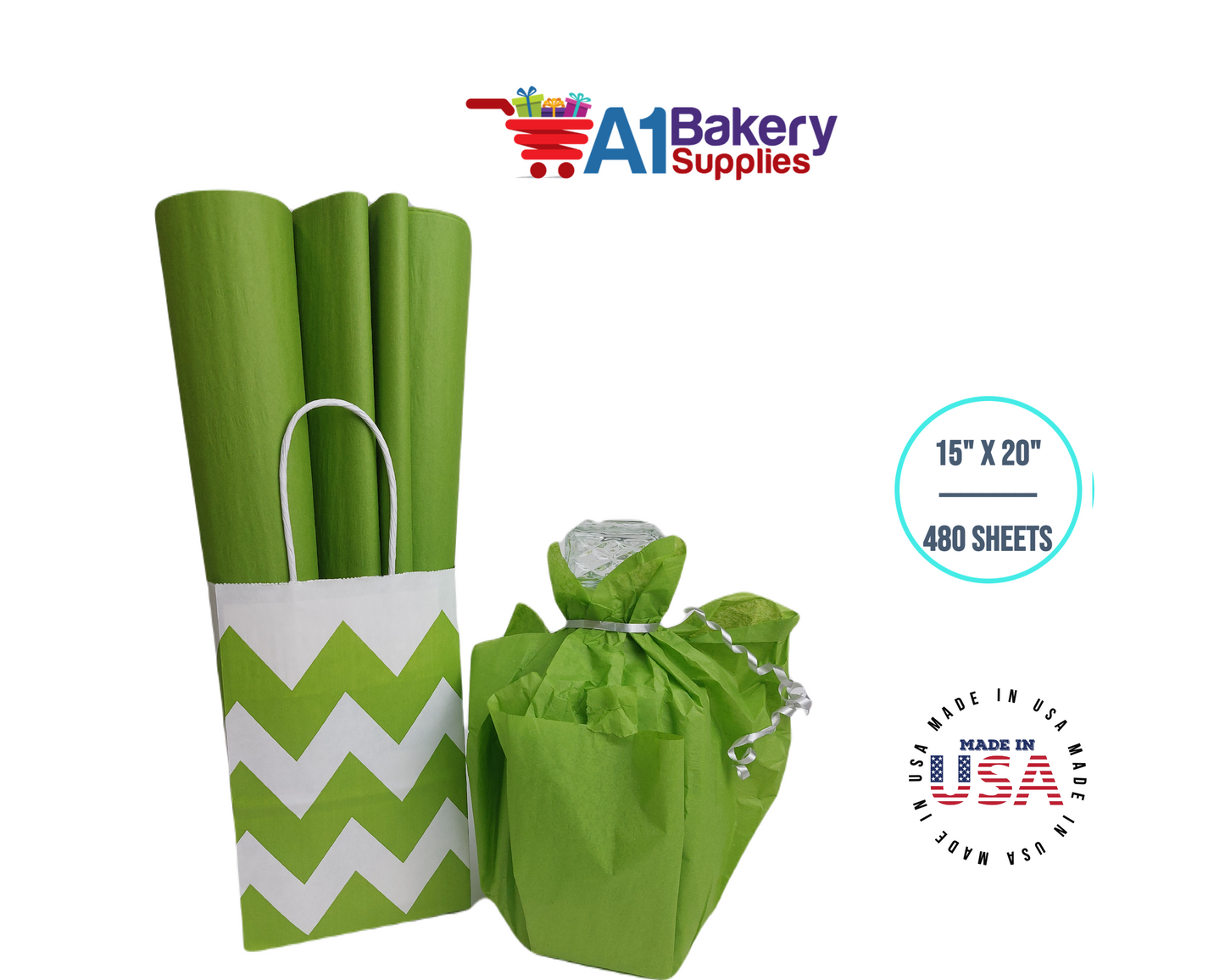 Oasis Green Tissue Paper Squares, Bulk 480 Sheets, Premium Gift Wrap and Art Supplies for Birthdays, Holidays, or Presents by A1BakerySupplies, Large 15 Inch x 20 Inch