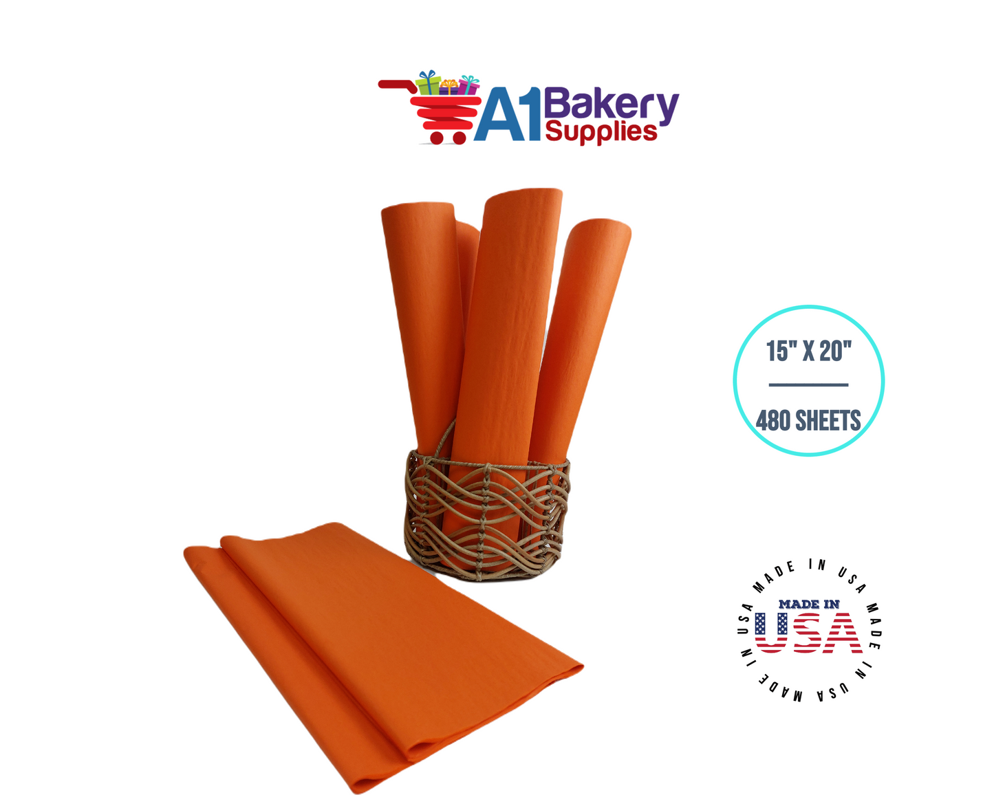 Orange Tissue Paper Squares, Bulk 480 Sheets, Premium Gift Wrap and Art Supplies for Birthdays, Holidays, or Presents by A1BakerySupplies, Large 15 Inch x 20 Inch