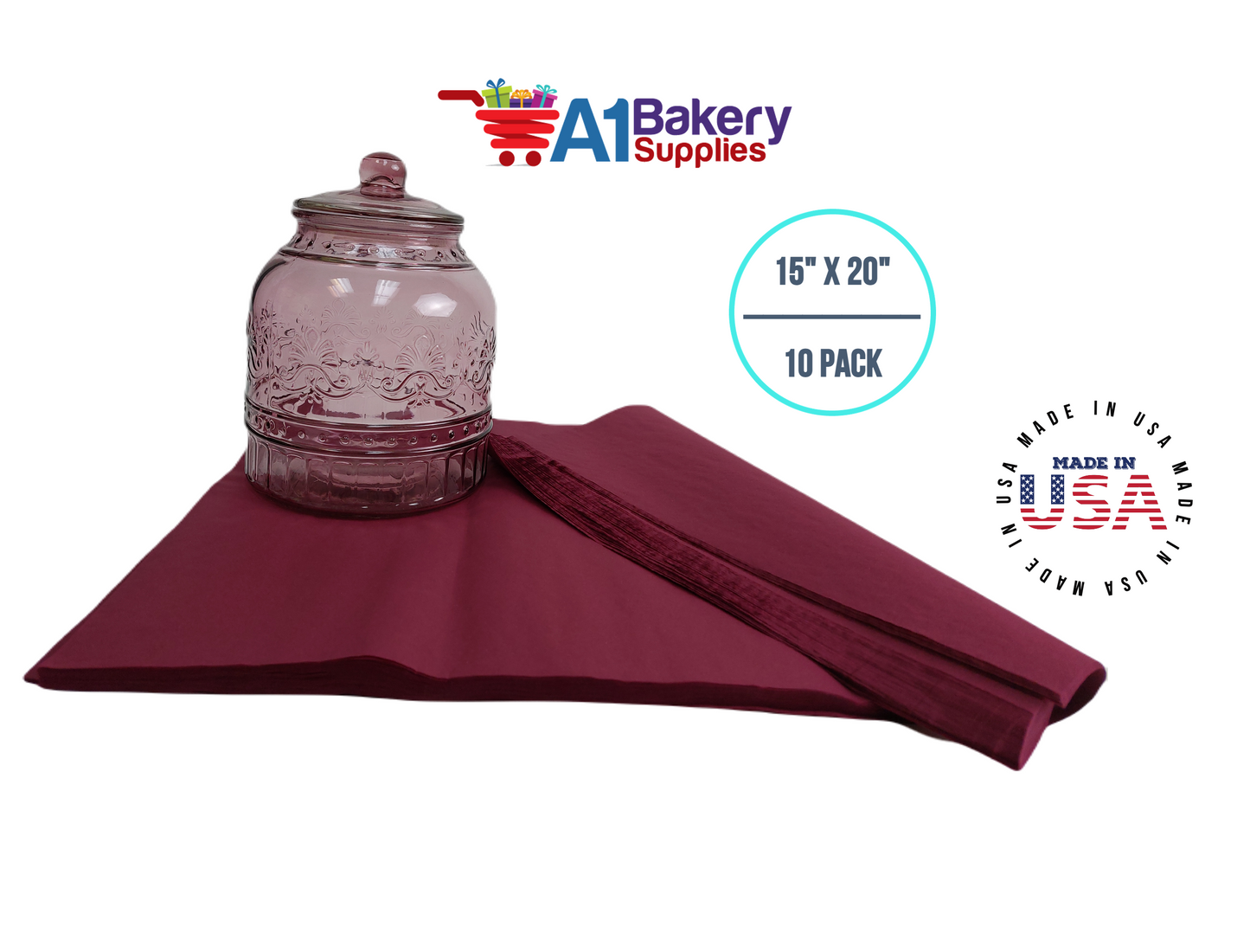Burgundy Tissue Paper Squares, Bulk 10 Sheets, Premium Gift Wrap and Art Supplies for Birthdays, Holidays, or Presents by A1BakerySupplies, Large 15 Inch x 20 Inch