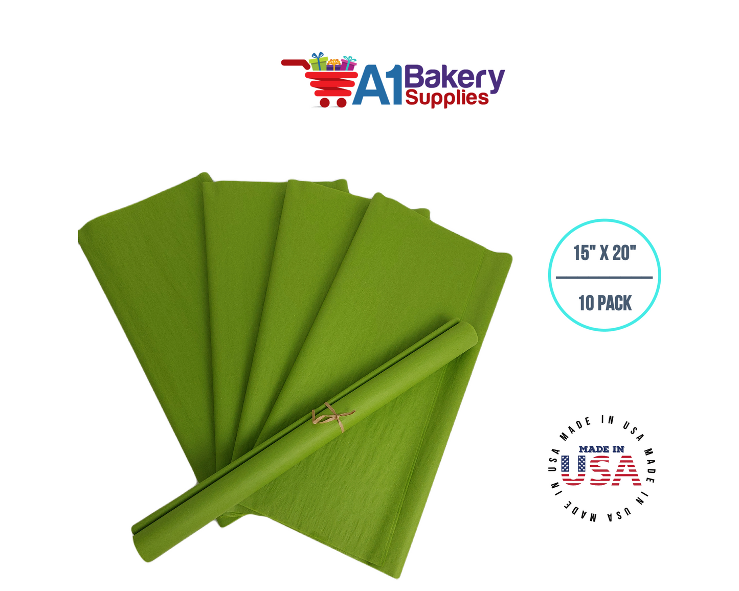 Oasis Green Tissue Paper Squares, Bulk 10 Sheets, Premium Gift Wrap and Art Supplies for Birthdays, Holidays, or Presents by A1BakerySupplies, Large 15 Inch x 20 Inch