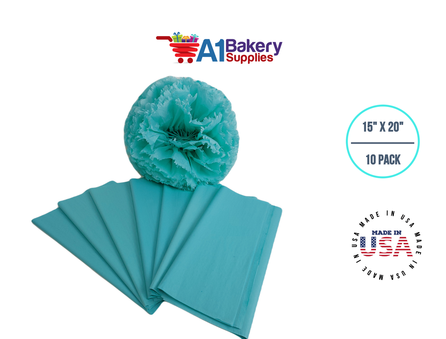 Aqua Blue Tissue Paper Squares, Bulk 10 Sheets, Premium Gift Wrap and Art Supplies for Birthdays, Holidays, or Presents by A1BakerySupplies, Small 15 Inch x 20 Inch