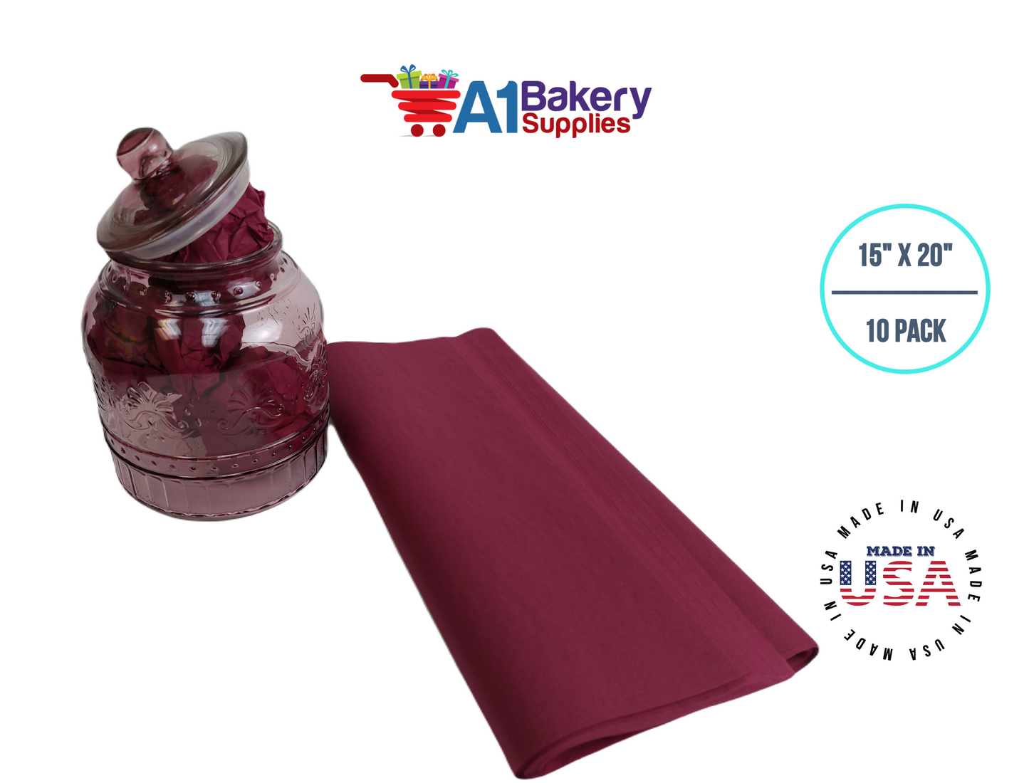 Burgundy Tissue Paper Squares, Bulk 10 Sheets, Premium Gift Wrap and Art Supplies for Birthdays, Holidays, or Presents by A1BakerySupplies, Large 15 Inch x 20 Inch