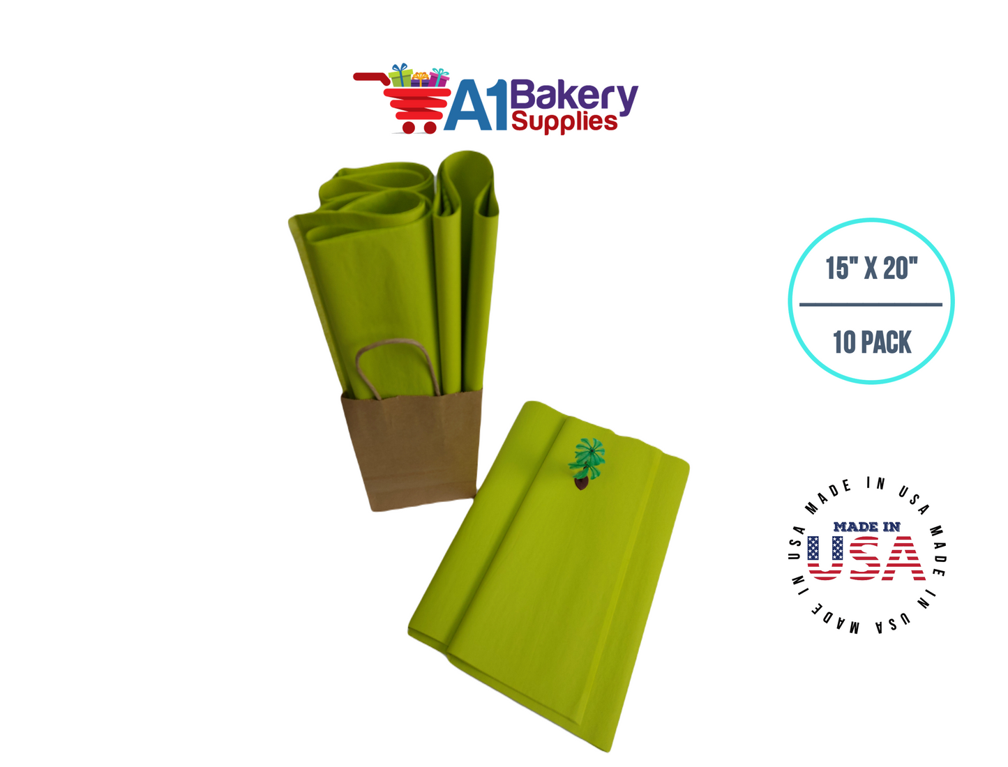 Citrus Green Tissue Paper Squares, Bulk 10 Sheets, Premium Gift Wrap and Art Supplies for Birthdays, Holidays, or Presents by A1BakerySupplies, Small 15 Inch x 20 Inch