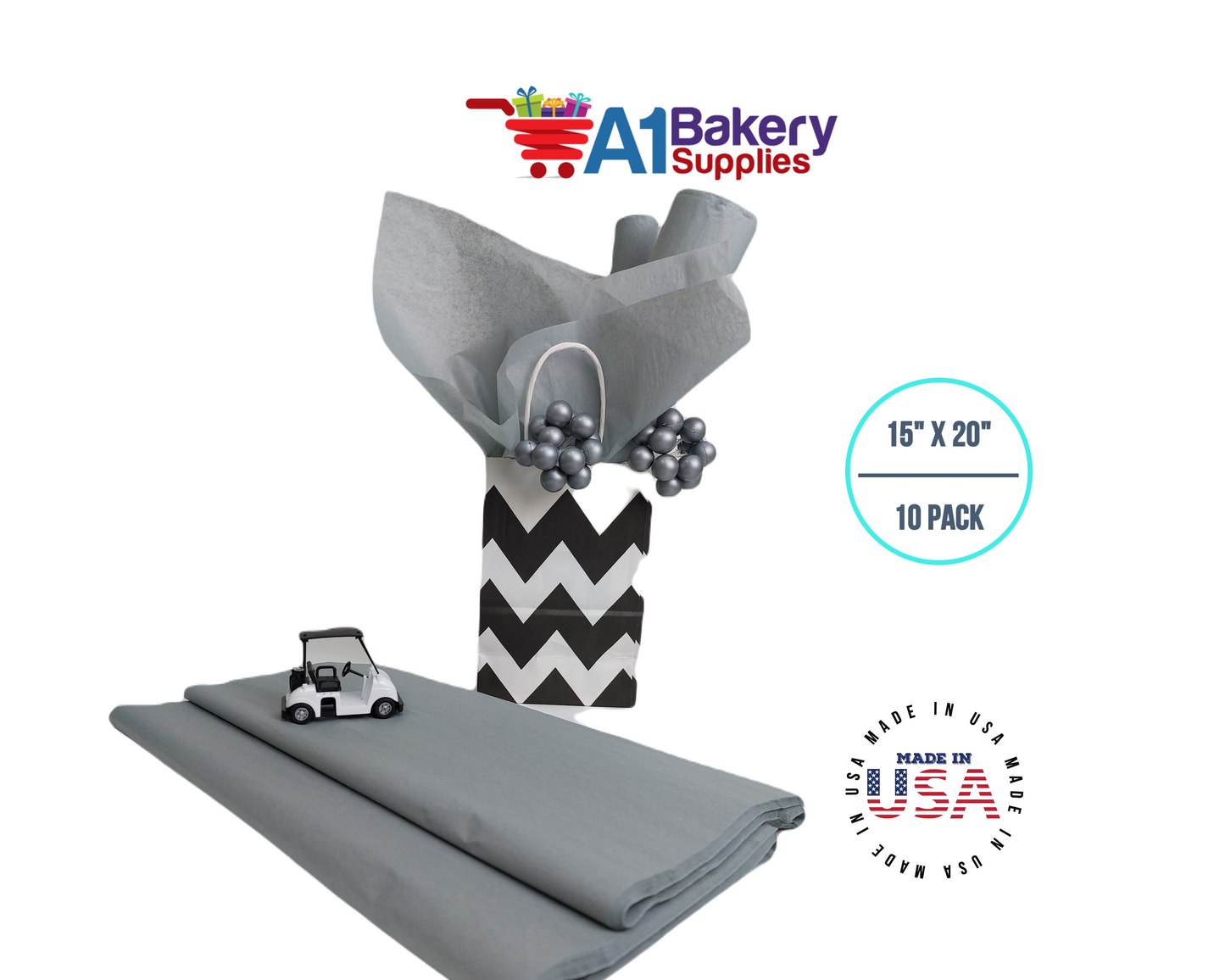 Gray Tissue Paper Squares, Bulk 10 Sheets, Premium Gift Wrap and Art Supplies for Birthdays, Holidays, or Presents by A1BakerySupplies, Small 15 Inch x 20 Inch