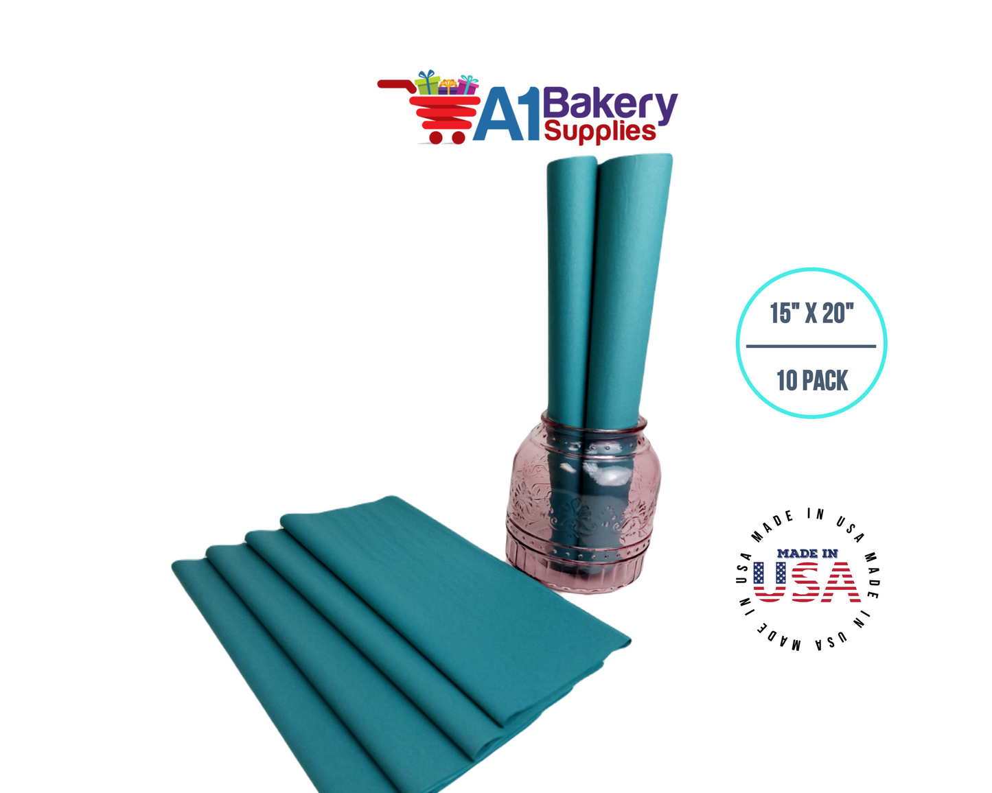 Teal Tissue Paper Squares, Bulk 10 Sheets, Premium Gift Wrap and Art Supplies for Birthdays, Holidays, or Presents by A1BakerySupplies, Small 15 Inch x 20 Inch