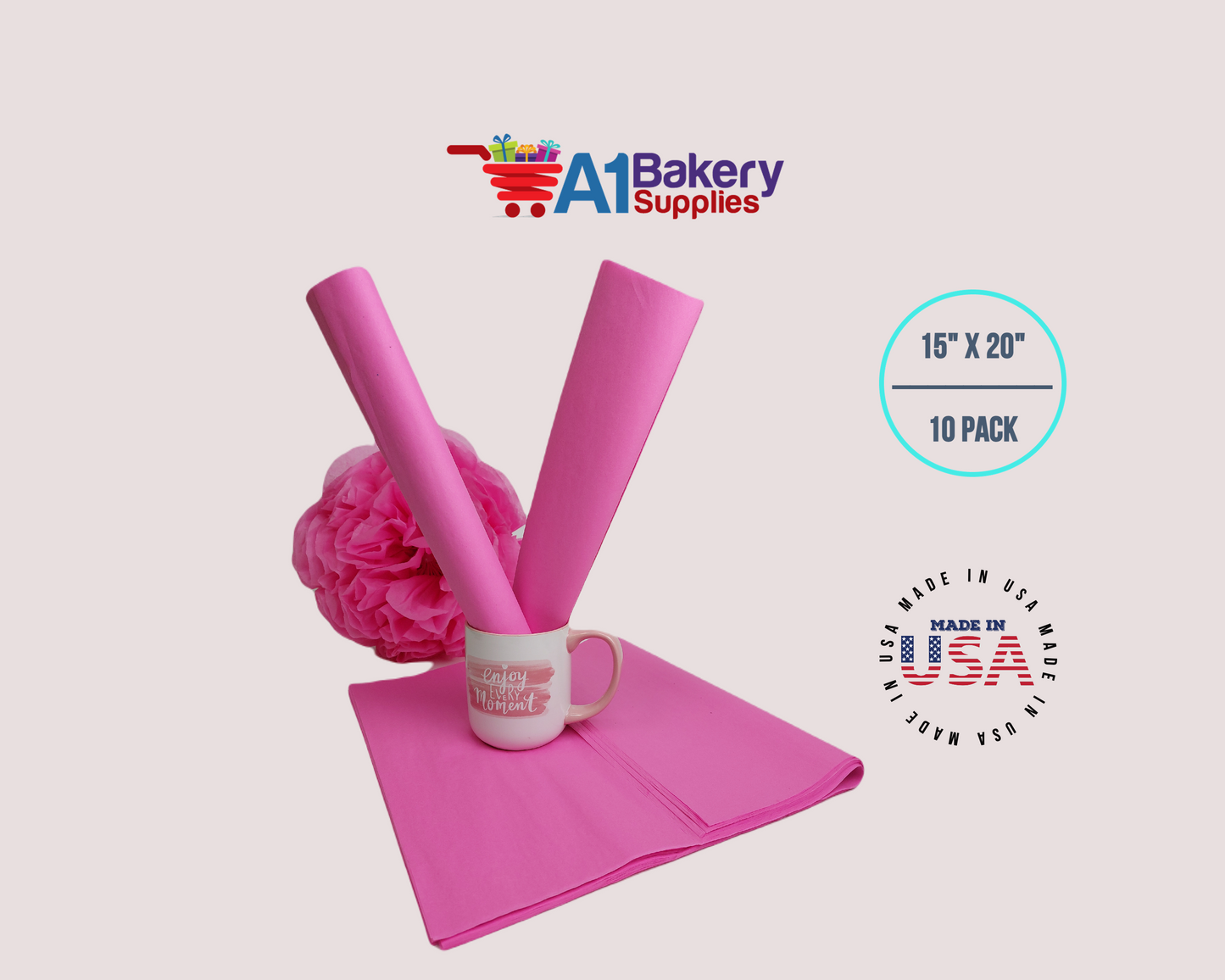 Fuchsia PinkTissue Paper Squares, Bulk 10 Sheets, Premium Gift Wrap and Art Supplies for Birthdays, Holidays, or Presents by A1BakerySupplies, Large 15 Inch x 20 Inch