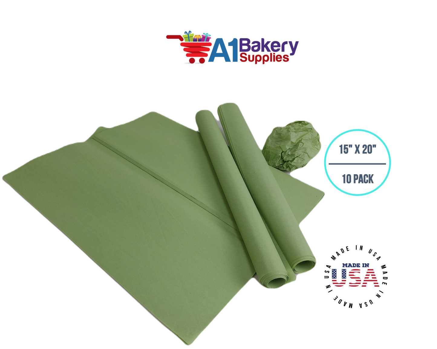 Sage Tissue Paper Squares, Bulk 10 Sheets, Premium Gift Wrap and Art Supplies for Birthdays, Holidays, or Presents by A1BakerySupplies, Small 15 Inch x 20 Inch