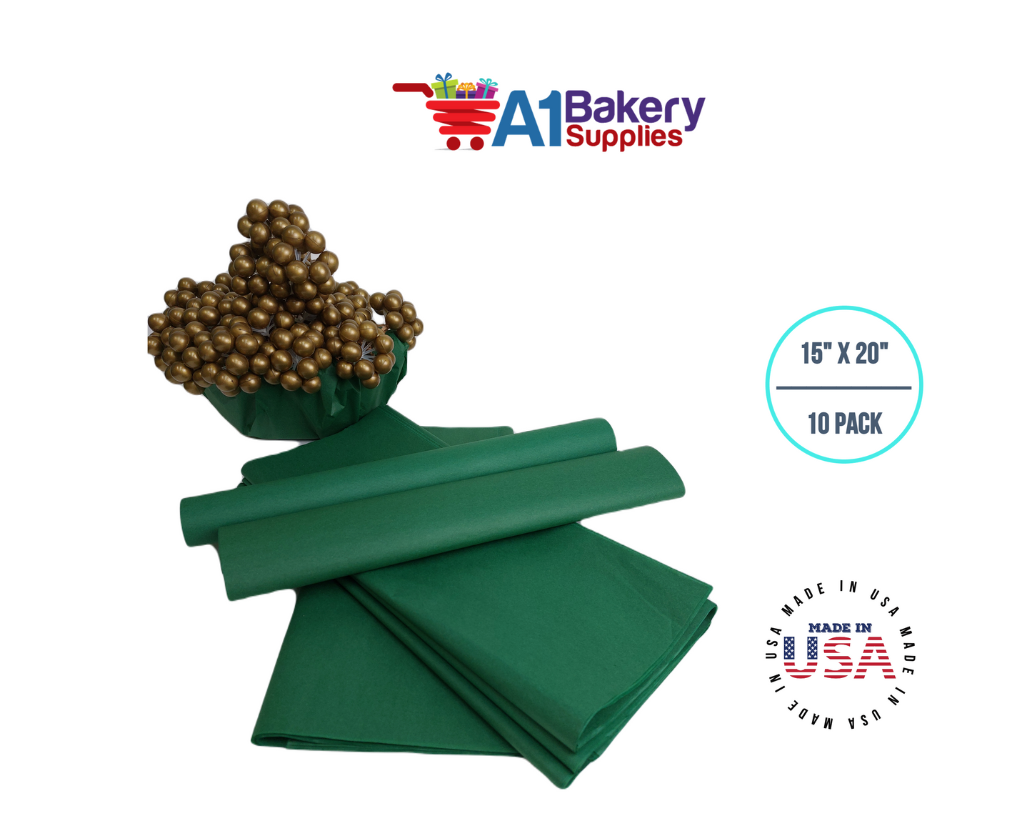 Holiday Green Tissue Paper Squares, Bulk 10 Sheets, Premium Gift Wrap and Art Supplies for Birthdays, Holidays, or Presents by A1BakerySupplies, Large 15 Inch x 20 Inch