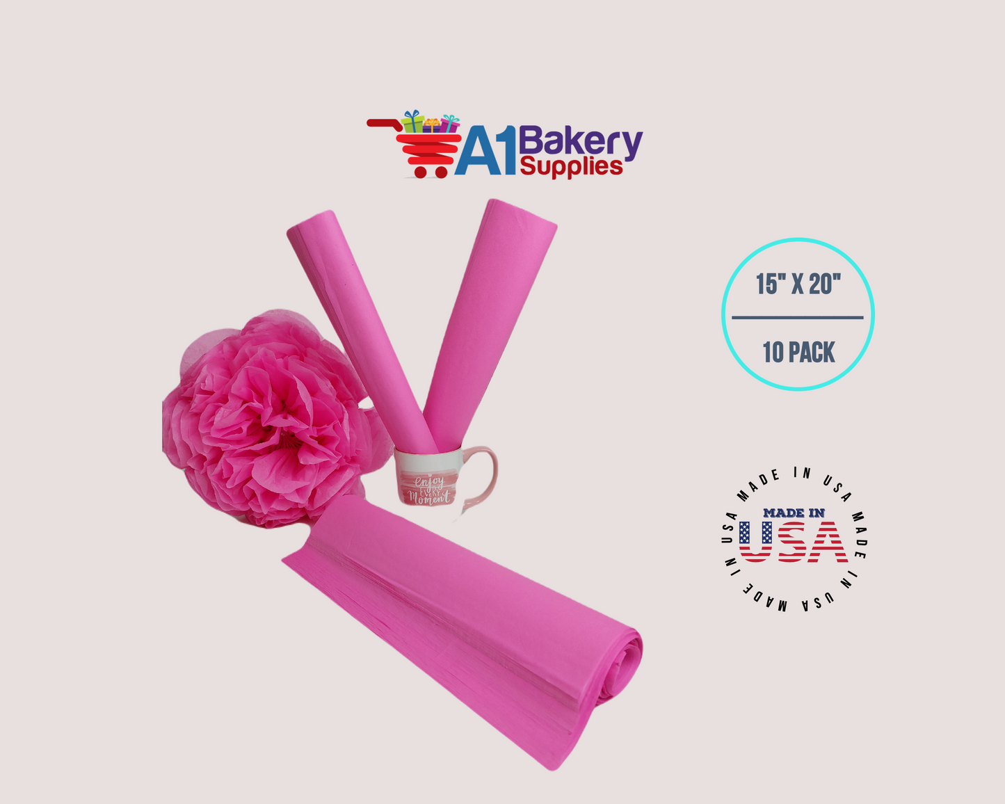 Fuchsia PinkTissue Paper Squares, Bulk 10 Sheets, Premium Gift Wrap and Art Supplies for Birthdays, Holidays, or Presents by A1BakerySupplies, Large 15 Inch x 20 Inch