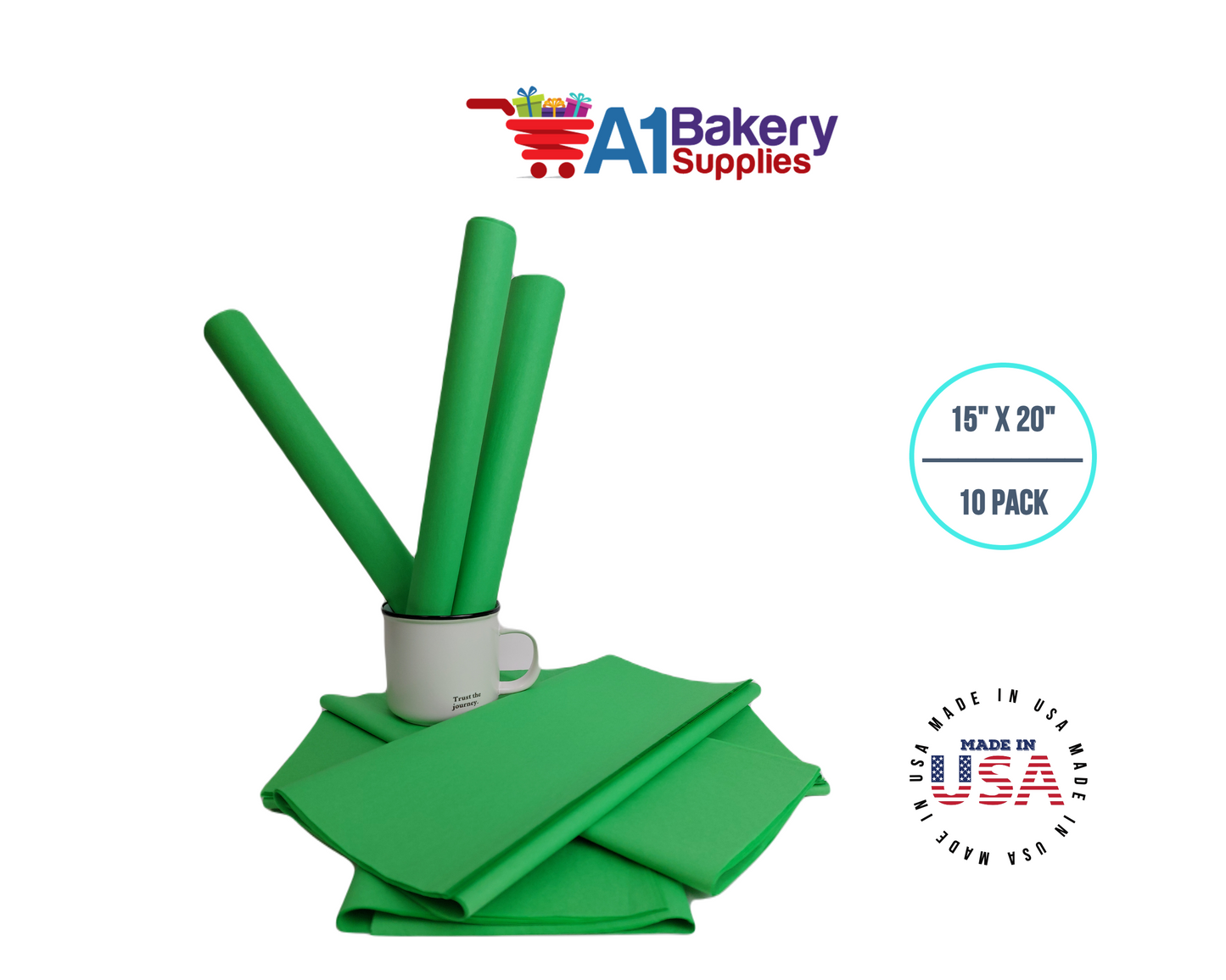 Groovy Green  Tissue Paper Squares, Bulk 10 Sheets, Premium Gift Wrap and Art Supplies for Birthdays, Holidays, or Presents by A1BakerySupplies, small 15 Inch x 20 Inch