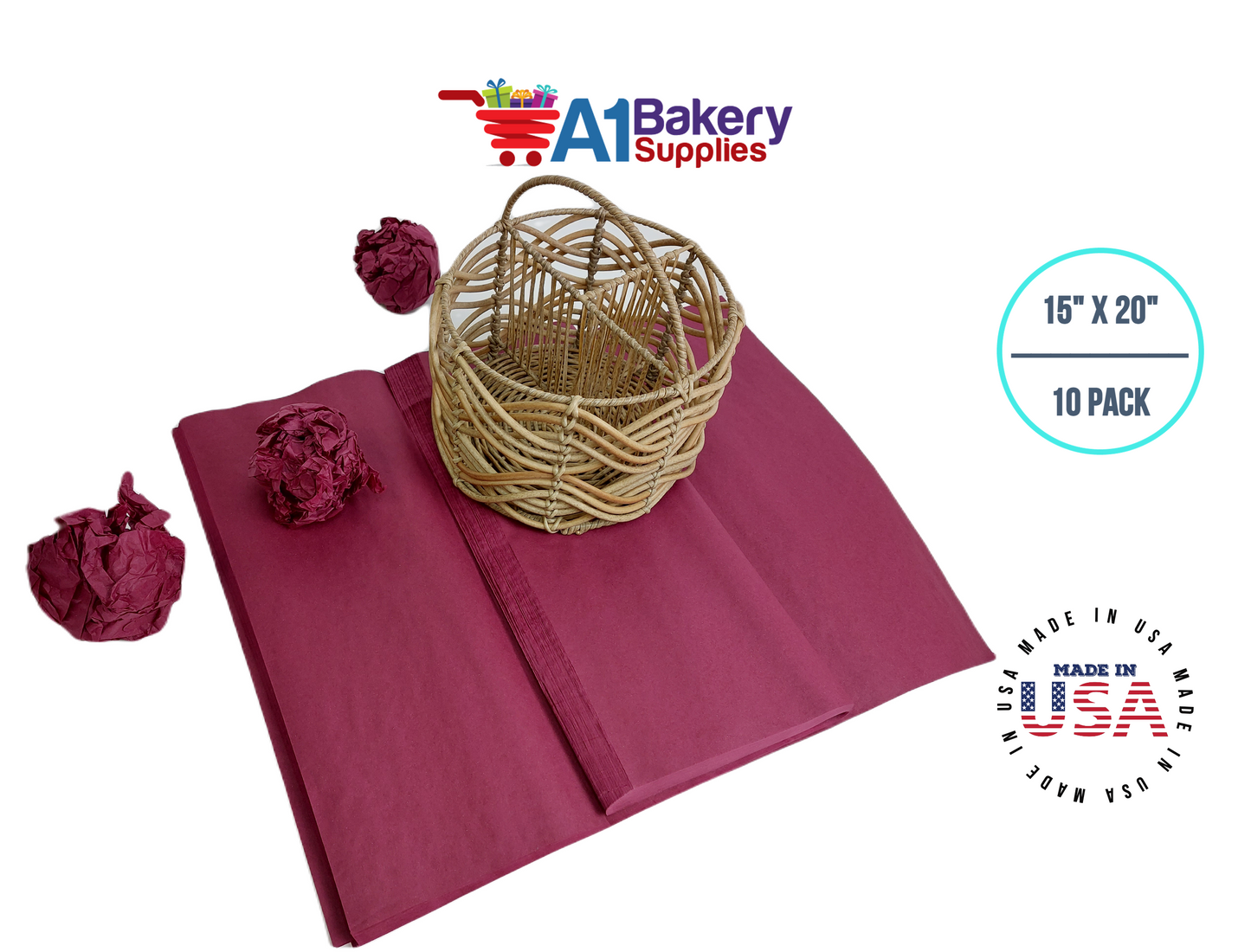 Burgundy Tissue Paper Squares, Bulk 10 Sheets, Premium Gift Wrap and Art Supplies for Birthdays, Holidays, or Presents by A1BakerySupplies, Large 15 Inch x 20 Inch