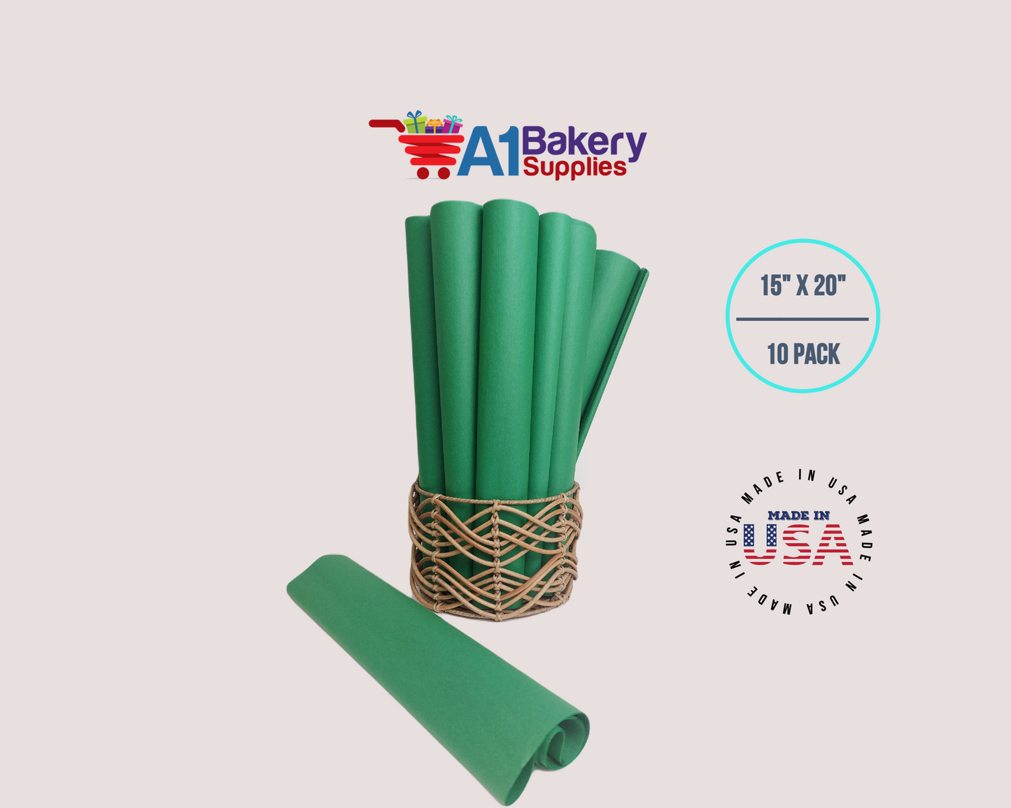 Festive Gren Tissue Paper Squares, Bulk 10 Sheets, Premium Gift Wrap and Art Supplies for Birthdays, Holidays, or Presents by A1BakerySupplies, Large 15 Inch x 20 Inch