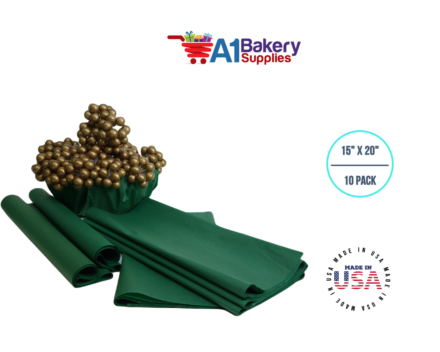 Holiday Green Tissue Paper Squares, Bulk 10 Sheets, Premium Gift Wrap and Art Supplies for Birthdays, Holidays, or Presents by A1BakerySupplies, Large 15 Inch x 20 Inch