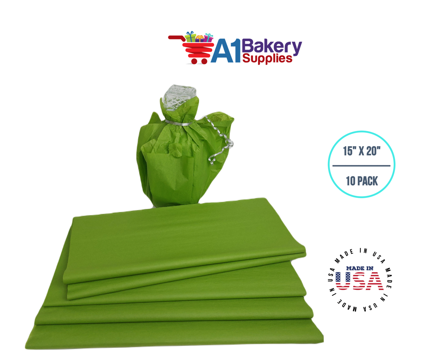 Oasis Green Tissue Paper Squares, Bulk 10 Sheets, Premium Gift Wrap and Art Supplies for Birthdays, Holidays, or Presents by A1BakerySupplies, Large 15 Inch x 20 Inch