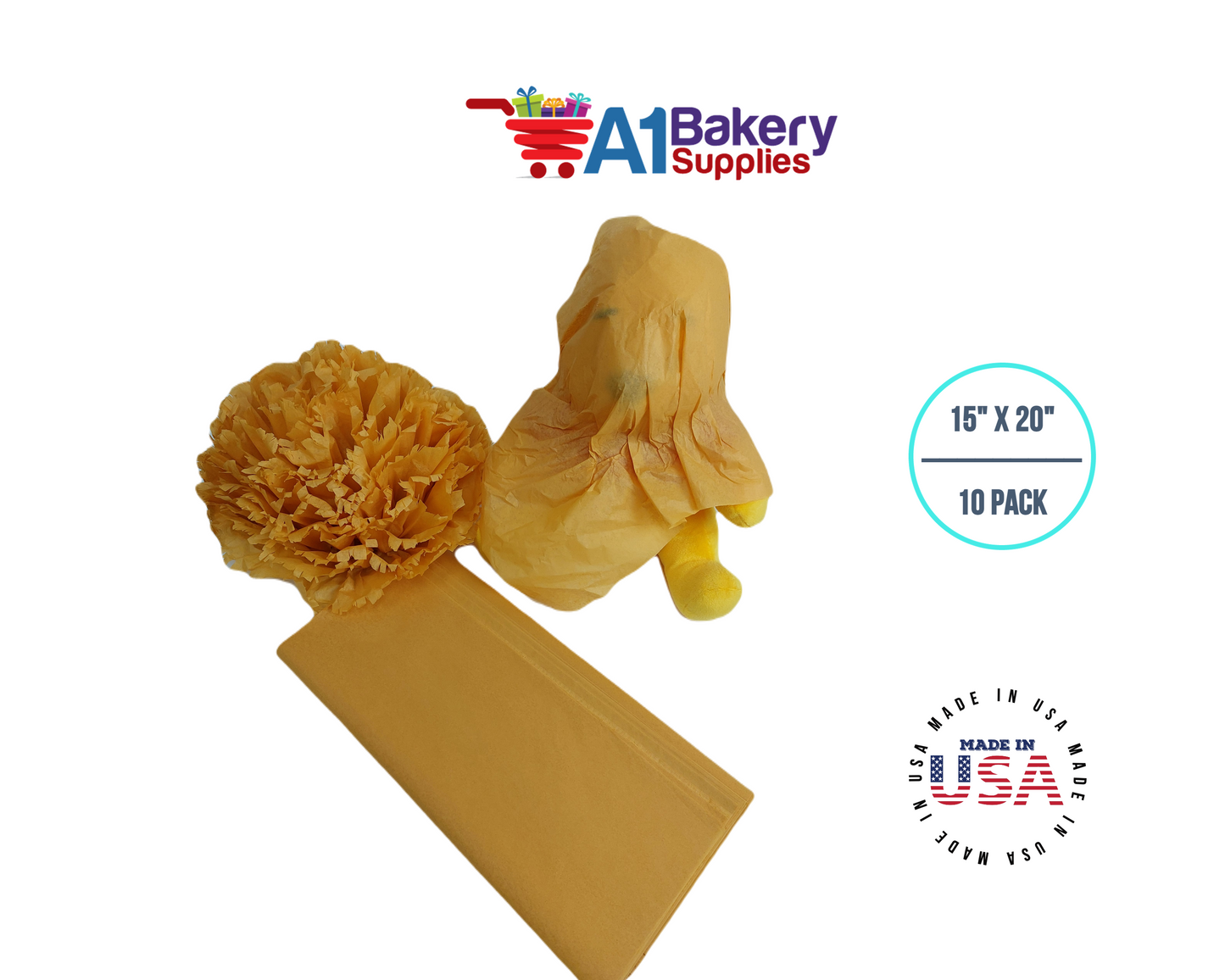 Noble gold Tissue Paper Squares, Bulk 10 Sheets, Premium Gift Wrap and Art Supplies for Birthdays, Holidays, or Presents by A1BakerySupplies, Large 15 Inch x 20 Inch