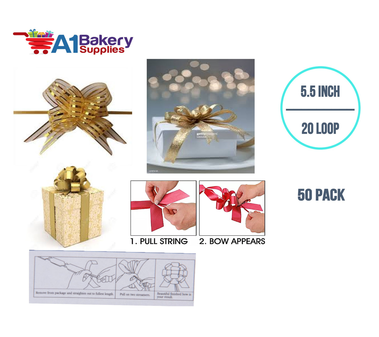 A1BakerySupplies 50 Pieces Pull Bow for Gift Wrapping Gift Bows Pull Bow With Ribbon for Wedding Gift Baskets, 5.5 Inch 20 Loop in Gold Color