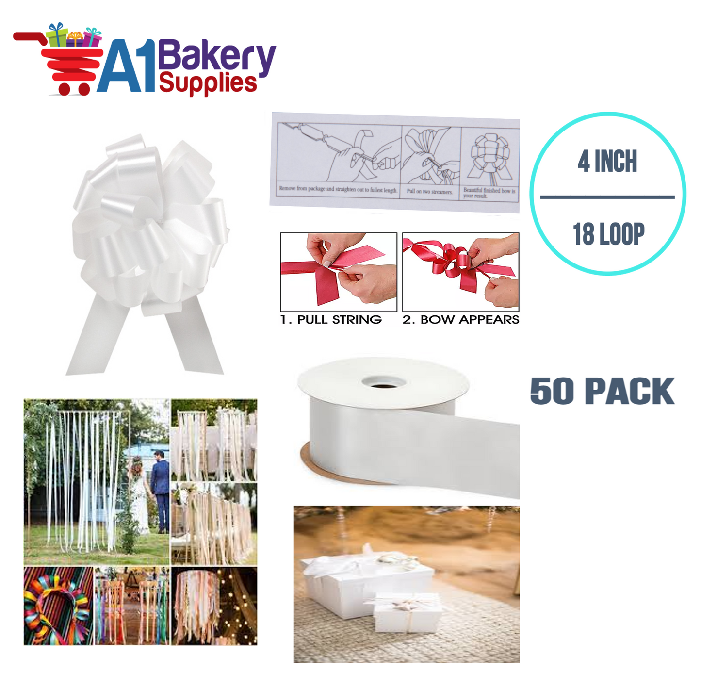 A1BakerySupplies 50 Pieces Pull Bow for Gift Wrapping Gift Bows Pull Bow With Ribbon for Wedding Gift Baskets, 4 Inch 18 Loop White Flora Satin Color