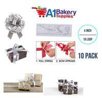 A1BakerySupplies 10 Pieces Pull Bow for Gift Wrapping Gift Bows Pull Bow With Ribbon for Wedding Gift Baskets, 4 Inch 18 Loop Silver Flora Satin Color