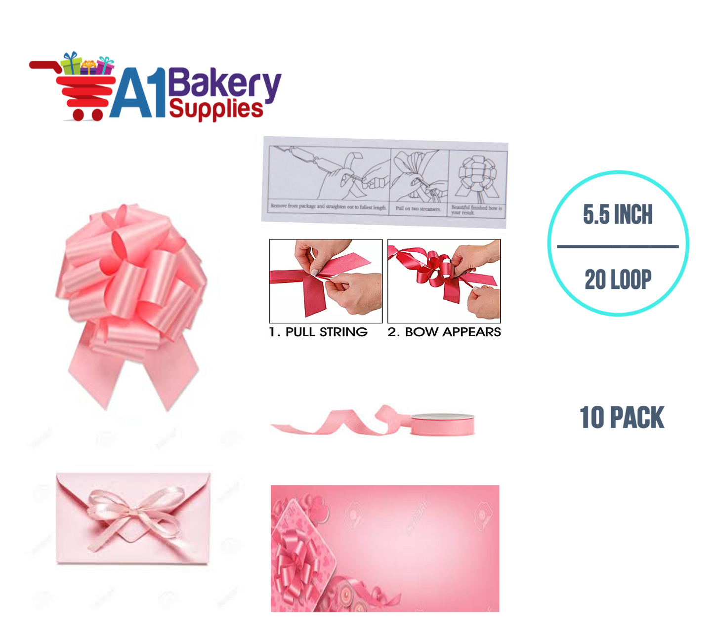 A1BakerySupplies 10 Pieces Pull Bow for Gift Wrapping Gift Bows Pull Bow With Ribbon for Wedding Gift Baskets, 5.5 Inch 20 Loop in Light Pink Color