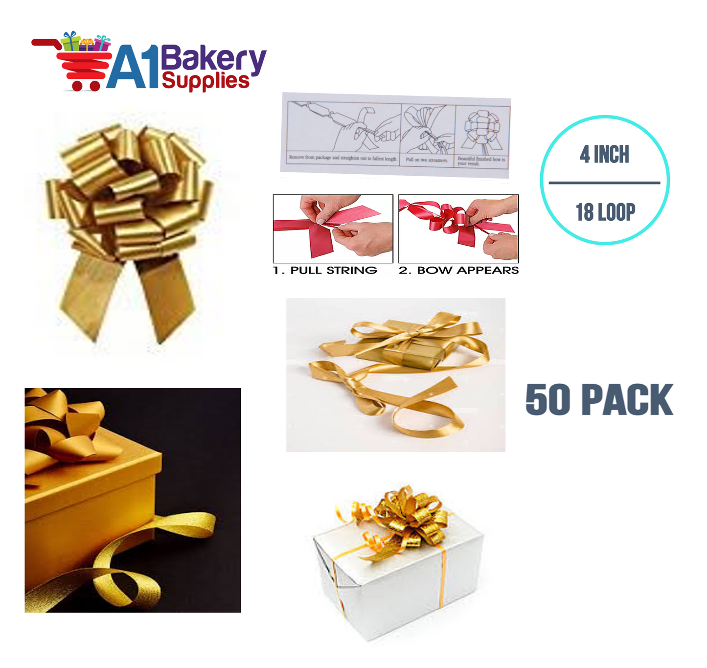 A1BakerySupplies 50 Pieces Pull Bow for Gift Wrapping Gift Bows Pull Bow With Ribbon for Wedding Gift Baskets, 4 Inch 18 Loop Antique Gold Flora Satin Color