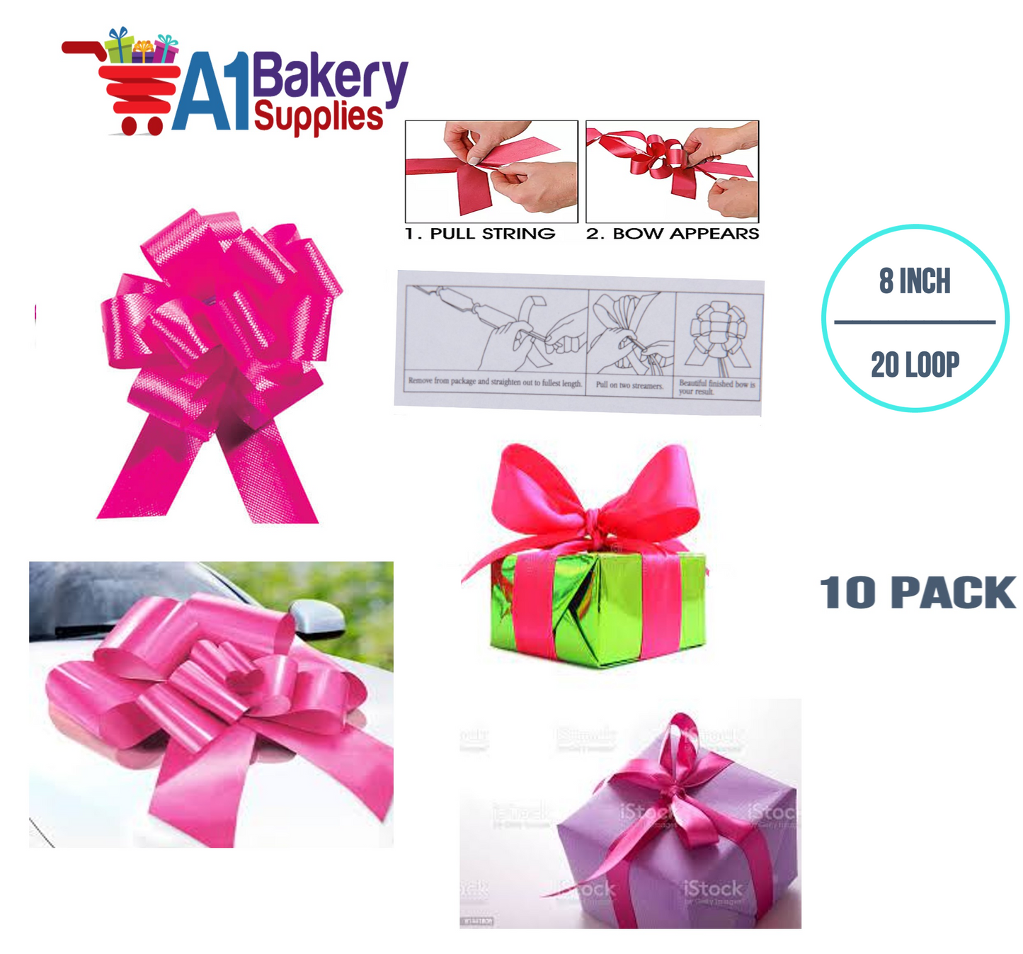 A1BakerySupplies 10 Pieces Pull Bow for Gift Wrapping Gift Bows Pull Bow With Ribbon for Wedding Gift Baskets, 8 Inch 20 Loop in Pink Beauty Flora Satin Color